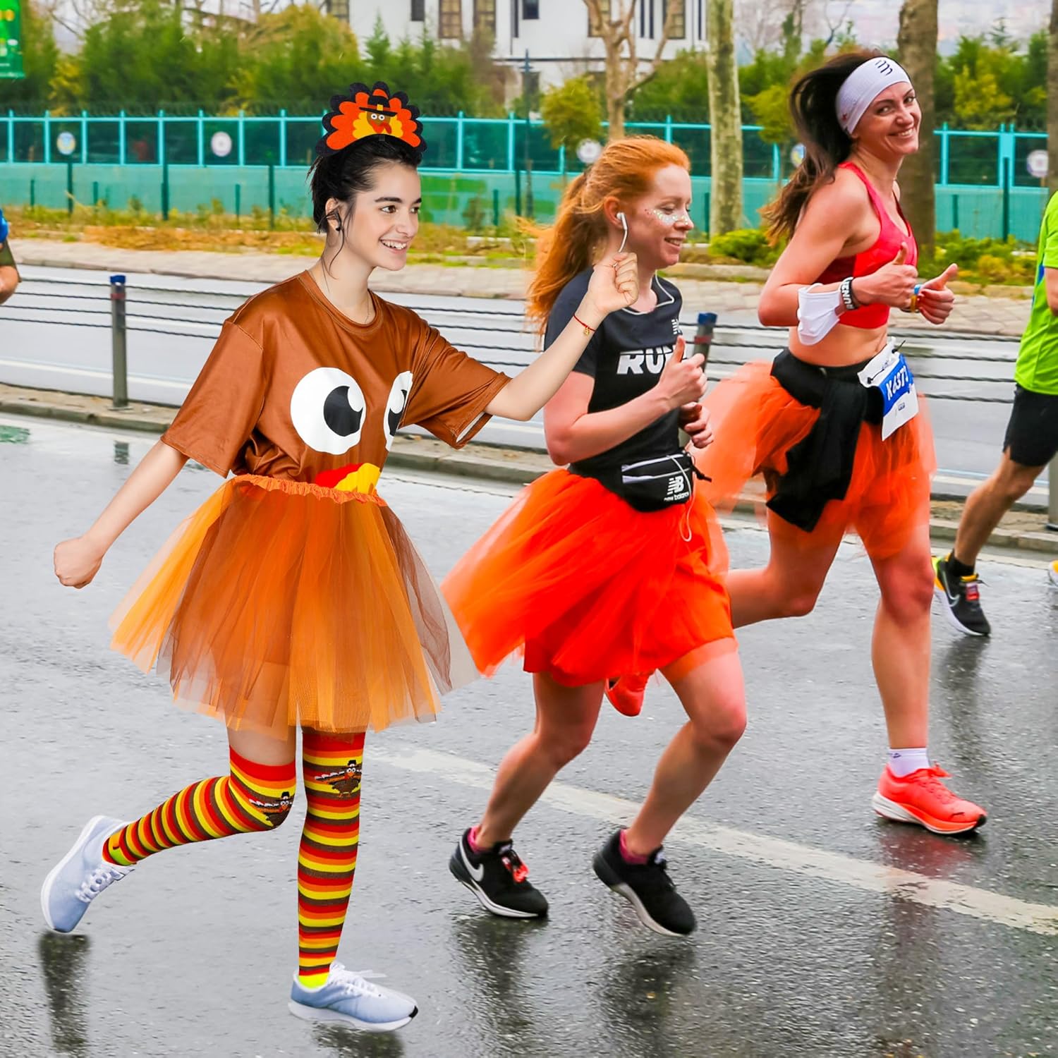 QZYL Turkey Costume Set, Turkey Trot Shirt Tutu Dress Headbands High Socks, Thanksgiving Turkey Trot Cosplay for Adults - Image 7