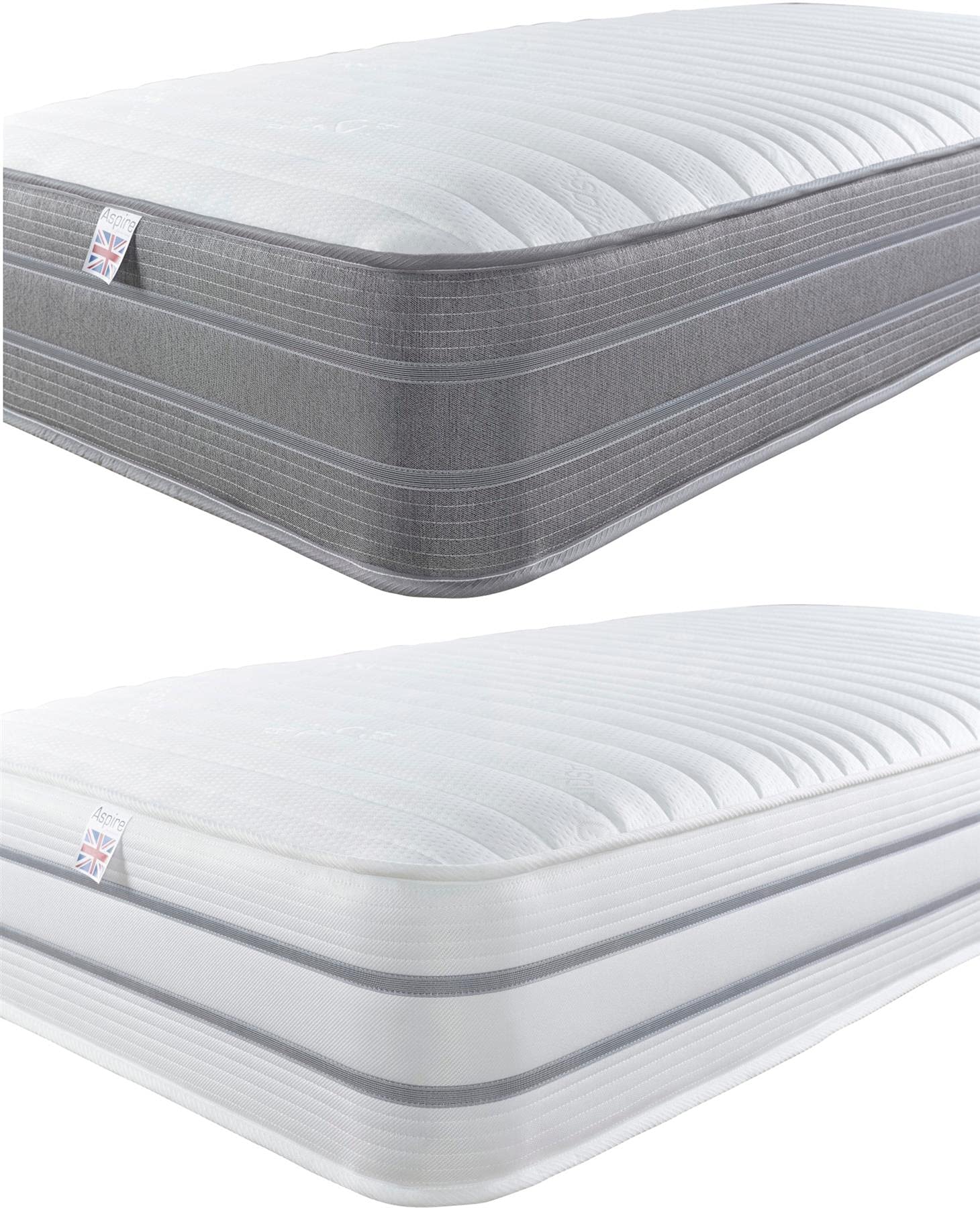 Aspire Beds3 Layer Double Comfort Fillings & AC Aspire-Cool Touch 7 Zone Sleep Surface Hybrid Bonnell Sprung & Memory Fibre Wool Foam Mattress, Grey Border, Shorty (2ft6 x 5ft9)