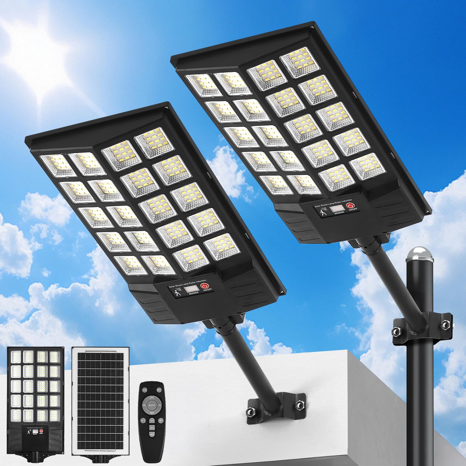 Solar Street Lights Outdoor Waterproof, 6500K LED Motion Sensor Lights, Solar Flood Lights with Remote Dusk to Dawn Commercial Lighting for Yard Path (2PC)