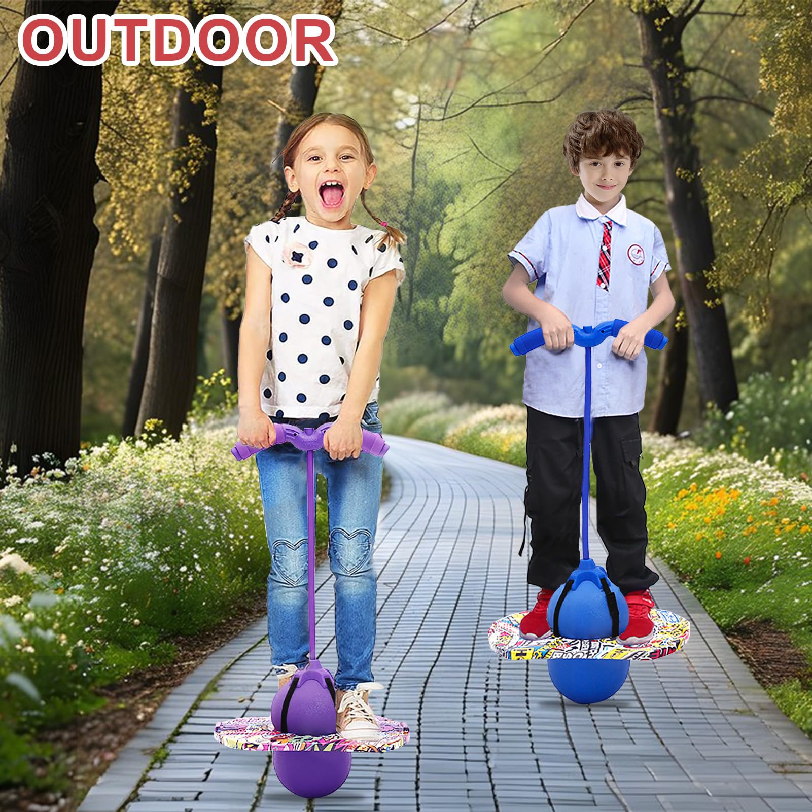 Pogo z uchwytami, 100 kg, zrównoważone i skoordynowane bouncing pogo, uchwyty są regulowane, dla dzieci i dorosłych, do treningu równowagi (czerwone)