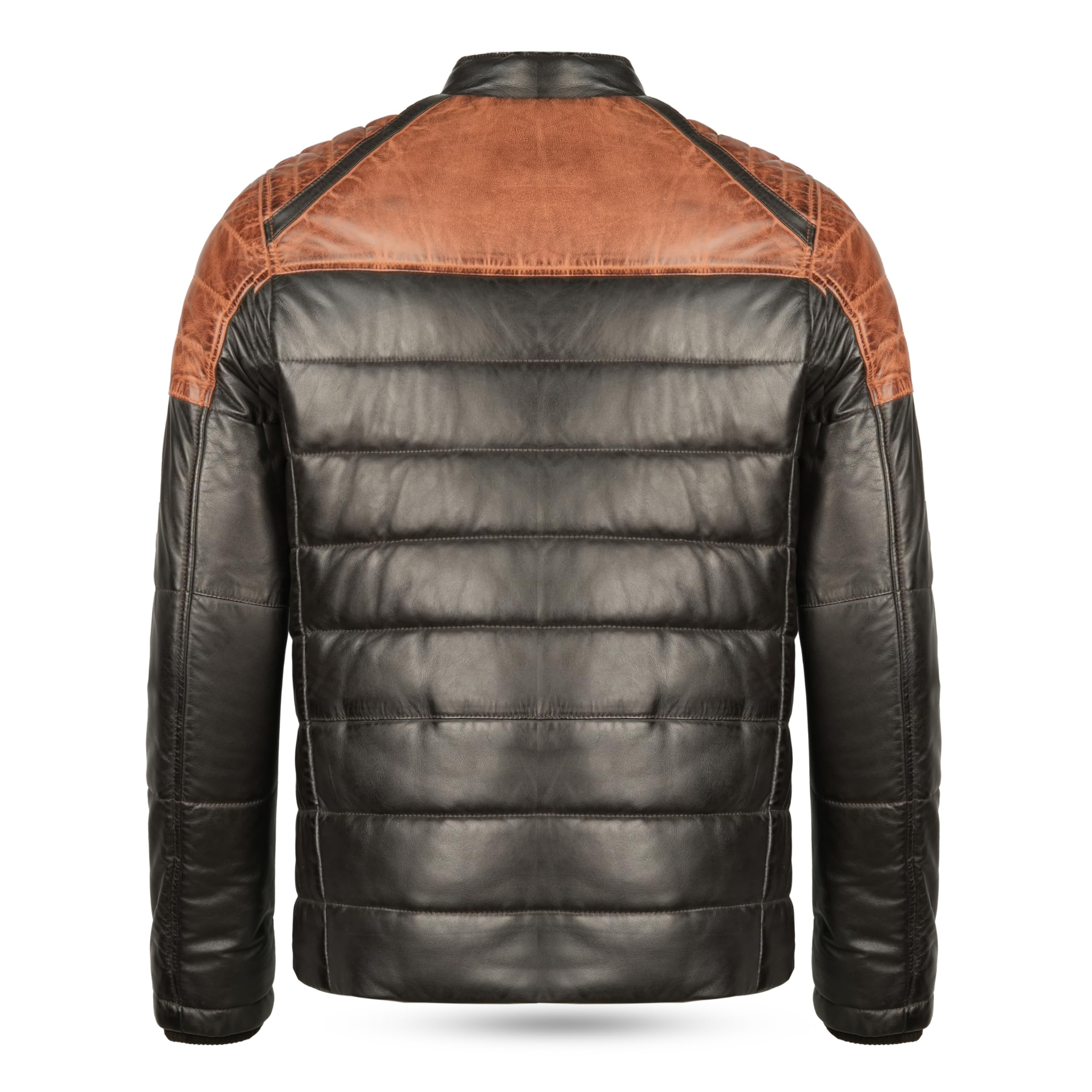 Leatherick Chaqueta acolchada bitono de piel de cordero para hombre: piel auténtica con forro aislante de burbujas, cierre de cremallera y diseño multibolsillos.