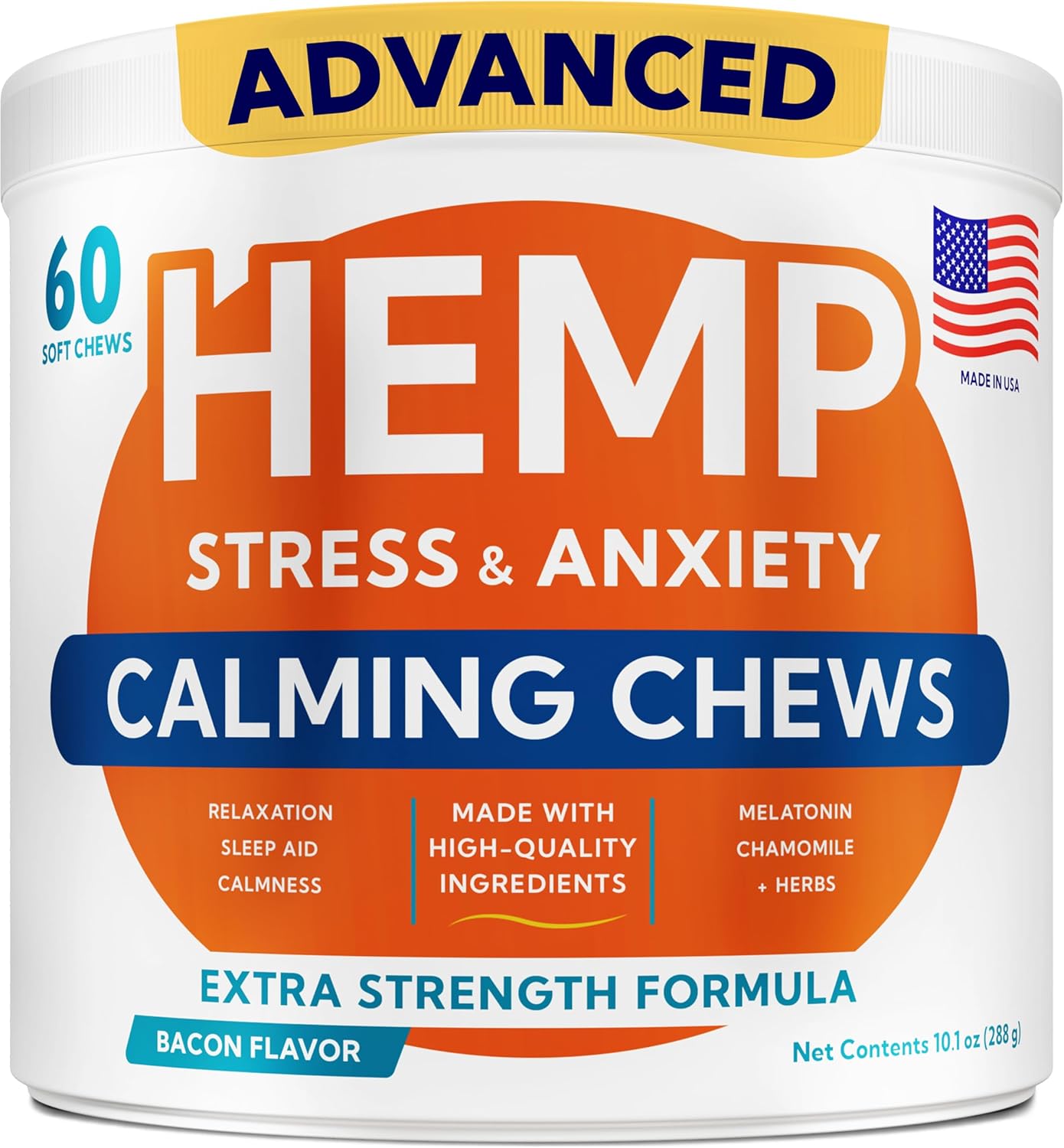 Advanced Calming Chews for Dogs – Hemp Treat + Melatonin + Valerian – Relaxing Bites – Calming Care – Anti-Anxiety & Stress Relief – Made in USA – Calm, Sleep Aid, Storms – 60Ct