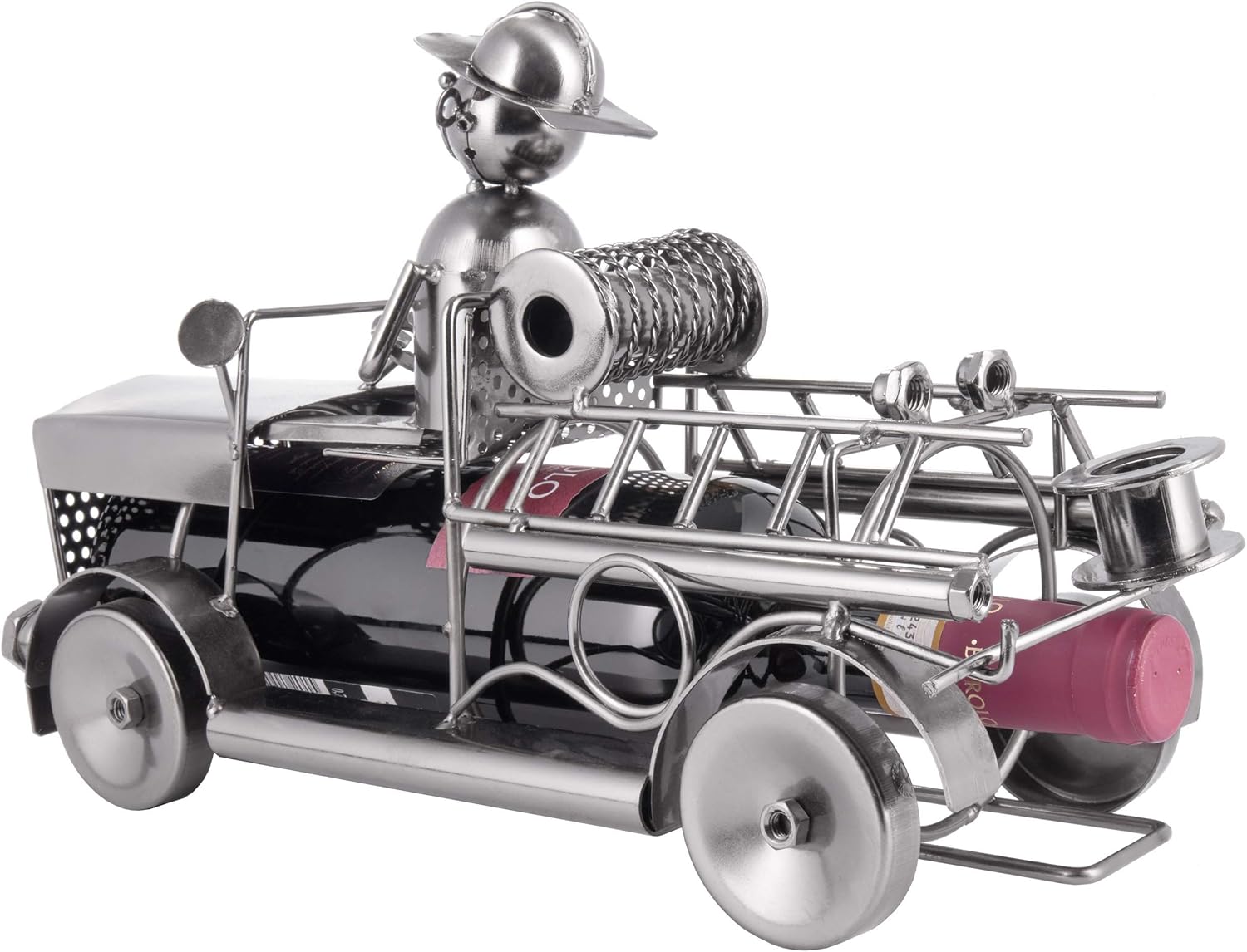 BRUBAKER Wine Bottle Holder 'Fire Engine' - Table Top Metal Sculpture - with Greeting Card