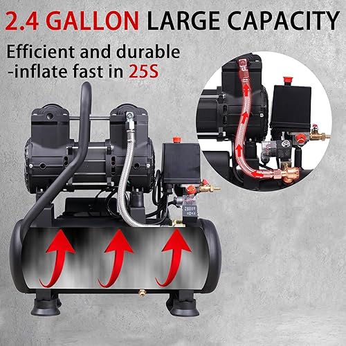 Miniatura 4 de MZB - Compresor de aire ultra silencioso de 2.4 galones, 110 V60 Hz, 1.0 HP 5.65 CFM, tanques de acero MAX 115PSI, sin aceite, 72dB, nivel de ruido,