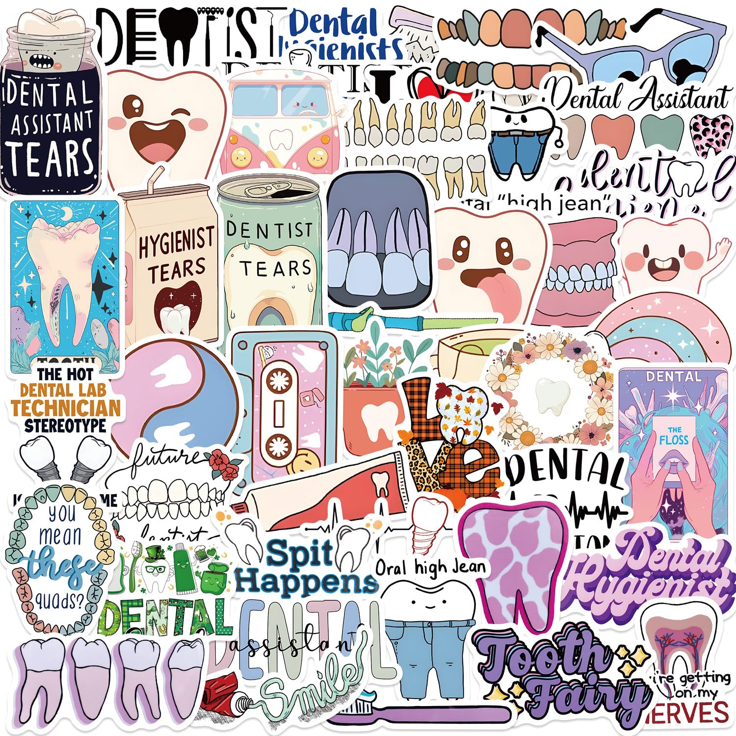 kaensc 50 Pack Funny Dental Cartoon Stickers for Kids Teens Multicolor Vinyl Stickers, Waterproof, Sun Resistant