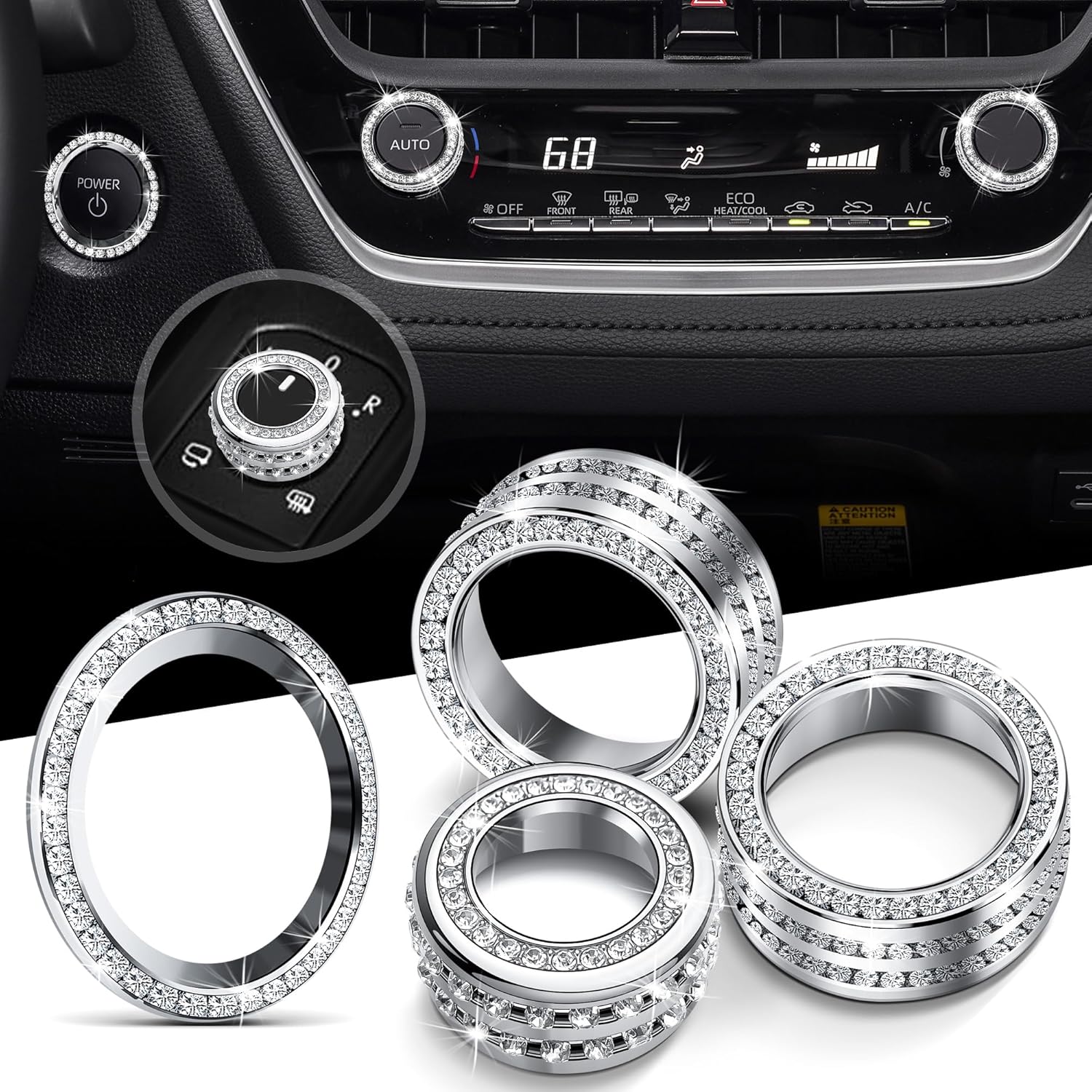 Polodunn for 2020-2025 2026 Toyota Corolla & 2022-2025 2026 Corolla Cross Accessories, 4pcs Aluminum Alloy Knob Cover Trim Set - Rearview Mirror Switch, AC & Push Start (Bling)