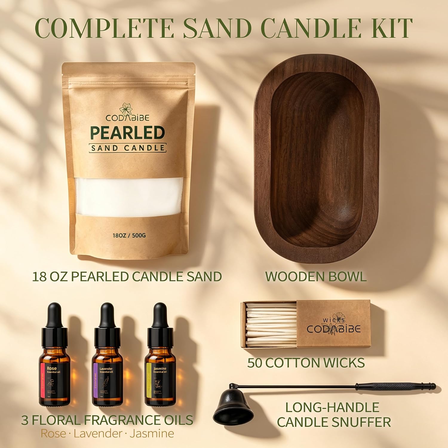 CODABIBE Candle Sand Kit, 18 oz Pearled Candle Sand with 50 Cotton Wicks, 3 Fragrance Oils, Wooden Bowl and Long-Handle Candle Snuffer, Scented Sand Candle Set for Home & Gifting