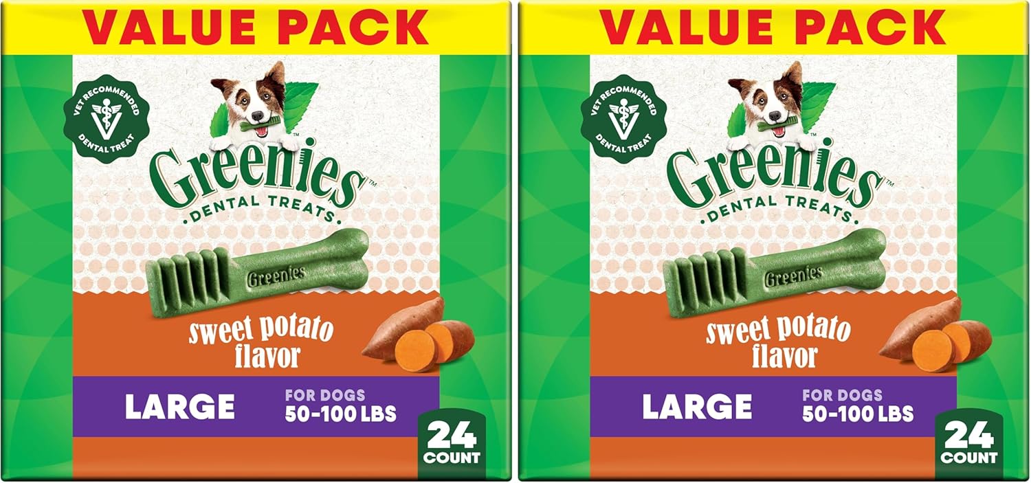 Greenies Dog Treats,Veterinarian-Recommended Natural Dental Dog Treats,Large Size,Sweet Potato Flavor,36 oz,24 Count (Pack of 2)