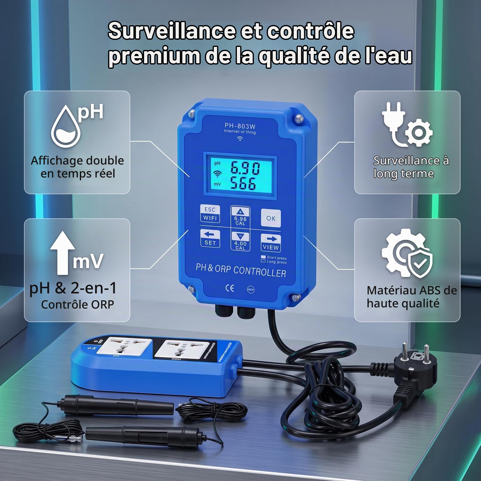 PH ORP Contrôleur Testeur D'eau Multi-paramètres PH-803W pour Surveillance et Contrôle Long Terme Qualité de L'eau(EU Plug 250V)