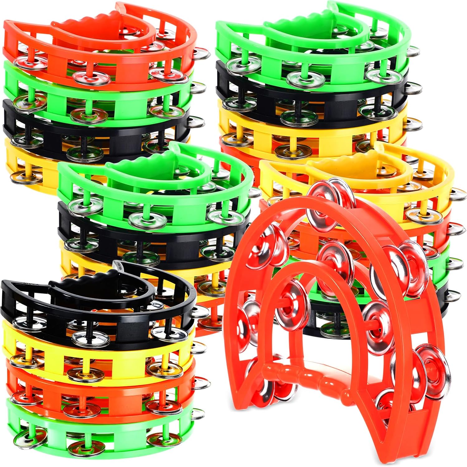 Boao 20 Pcs Double Row Tambourine Half Moon Double Row Metal Jingles Hand Held Instruments Percussion with Handle Grip for Adults, KTV, Party(Colorful)