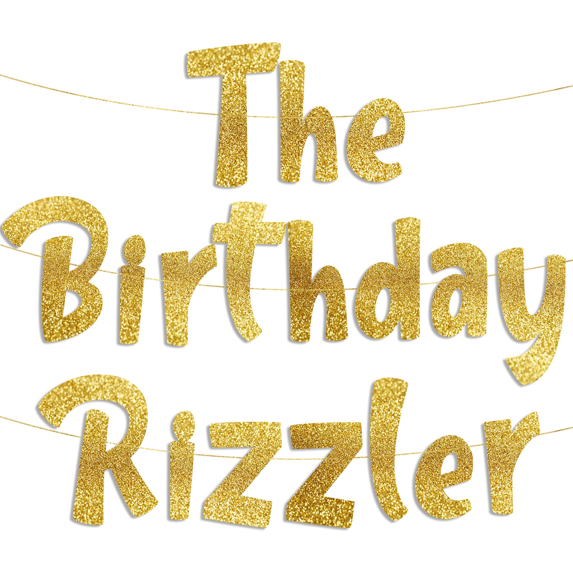 Pre-Strung The Birthday Rizzler Gold Glitter Banner - Funny Birthday Decorations for Teen Boys and Girls - Ideal for Home and Garden Parties - Party Supplies, Bunting Gifts and Wall Decorations