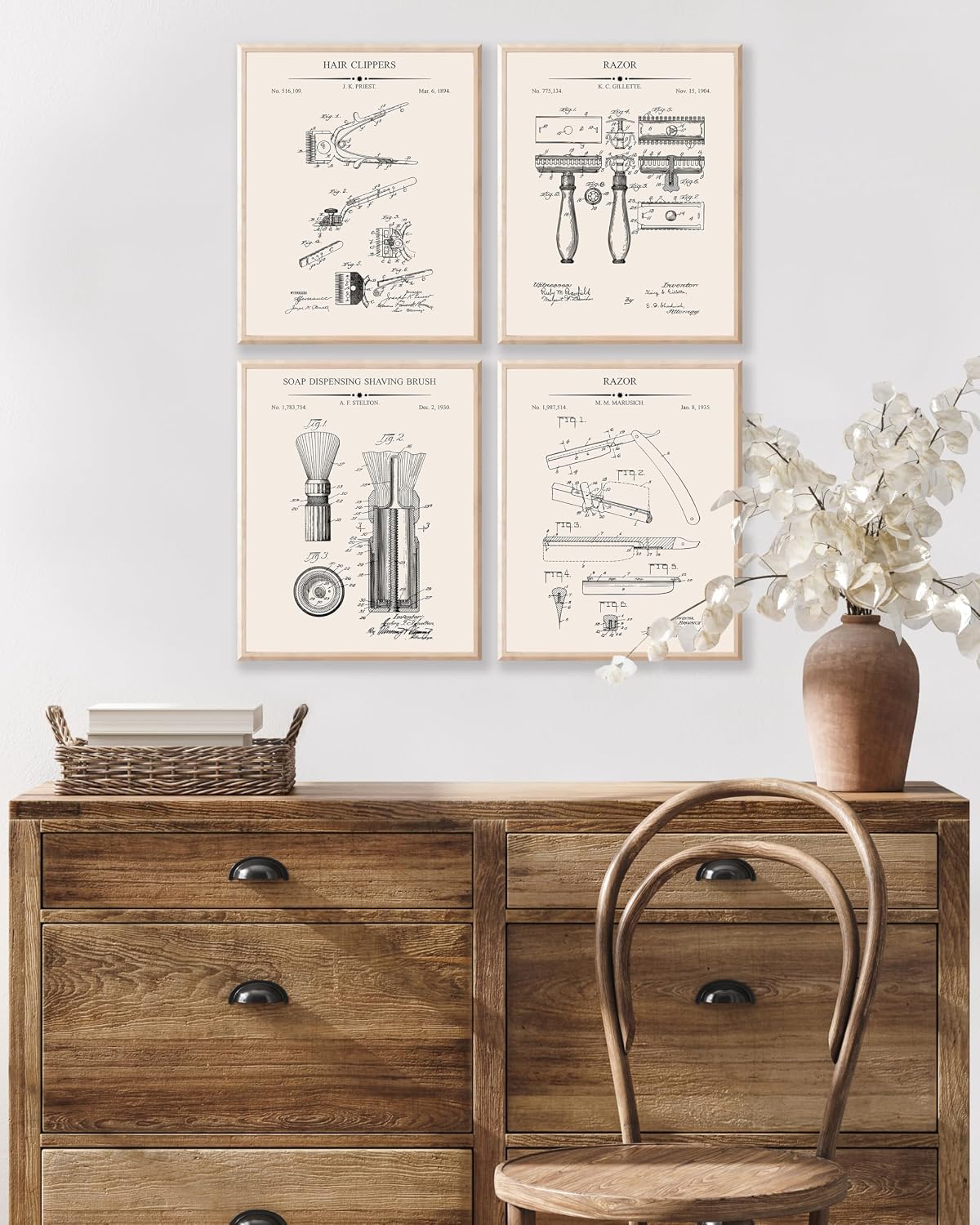Poster Master 4-Piece Barber's Hair Clipper Blueprint Poster - Razor Patent Print - Barber Art - Shaving Brush Illustration - Brush Design - Technical Drawing - Barber Shop Decor - 8x10 UNFRAMED