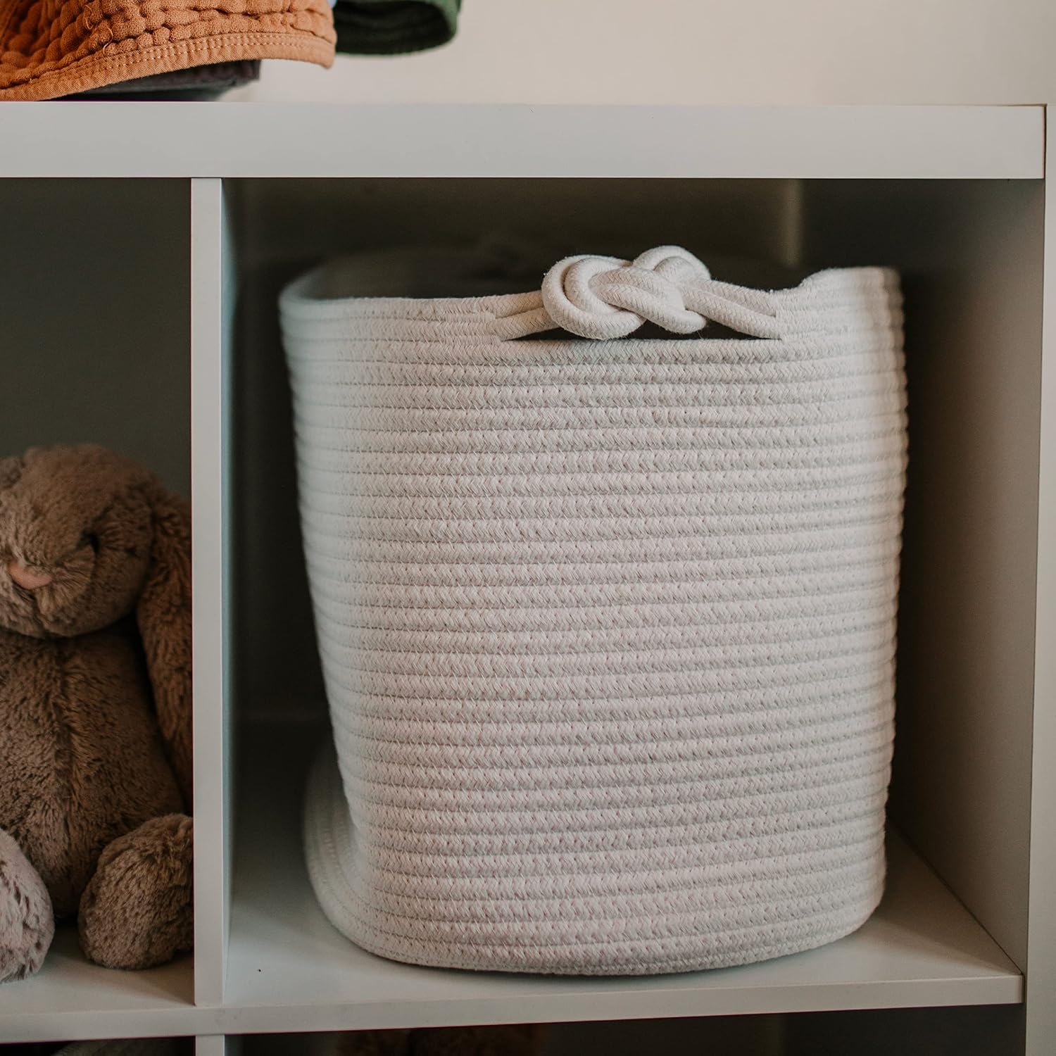 Parker Baby Rope Storage Cubes - 11 Inch Nursery Cubby Organizer, Closet Organizer, Toy Bin - White