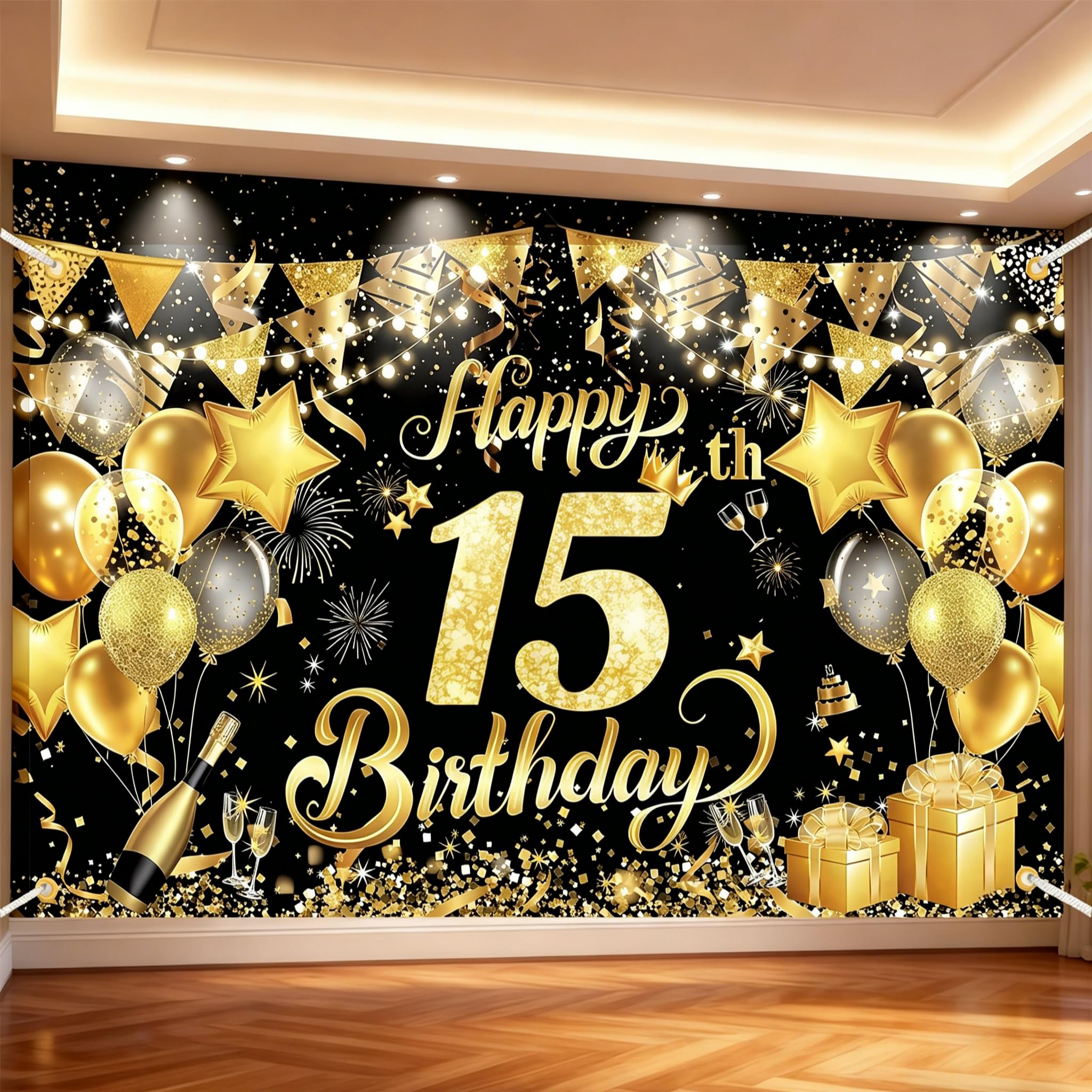 Vectorgolden Happy 15th Birthday Backdrop Banner, 180 x 110 cm Black and Gold Birthday Party Decoration for Boys and Girls, Birthday Party Photo Background, Anniversary Party Supplies