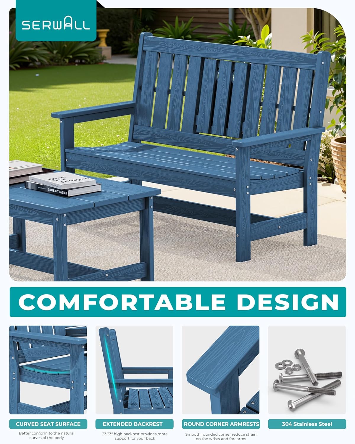 SERWALL Outdoor Bench with Cup Holder, 58" HDPE Front Porch Bench Suitable for 3 Person, All Weather Patio Benches with High Backrest and Wide Armrests for Garden, Park, Yard, Navy