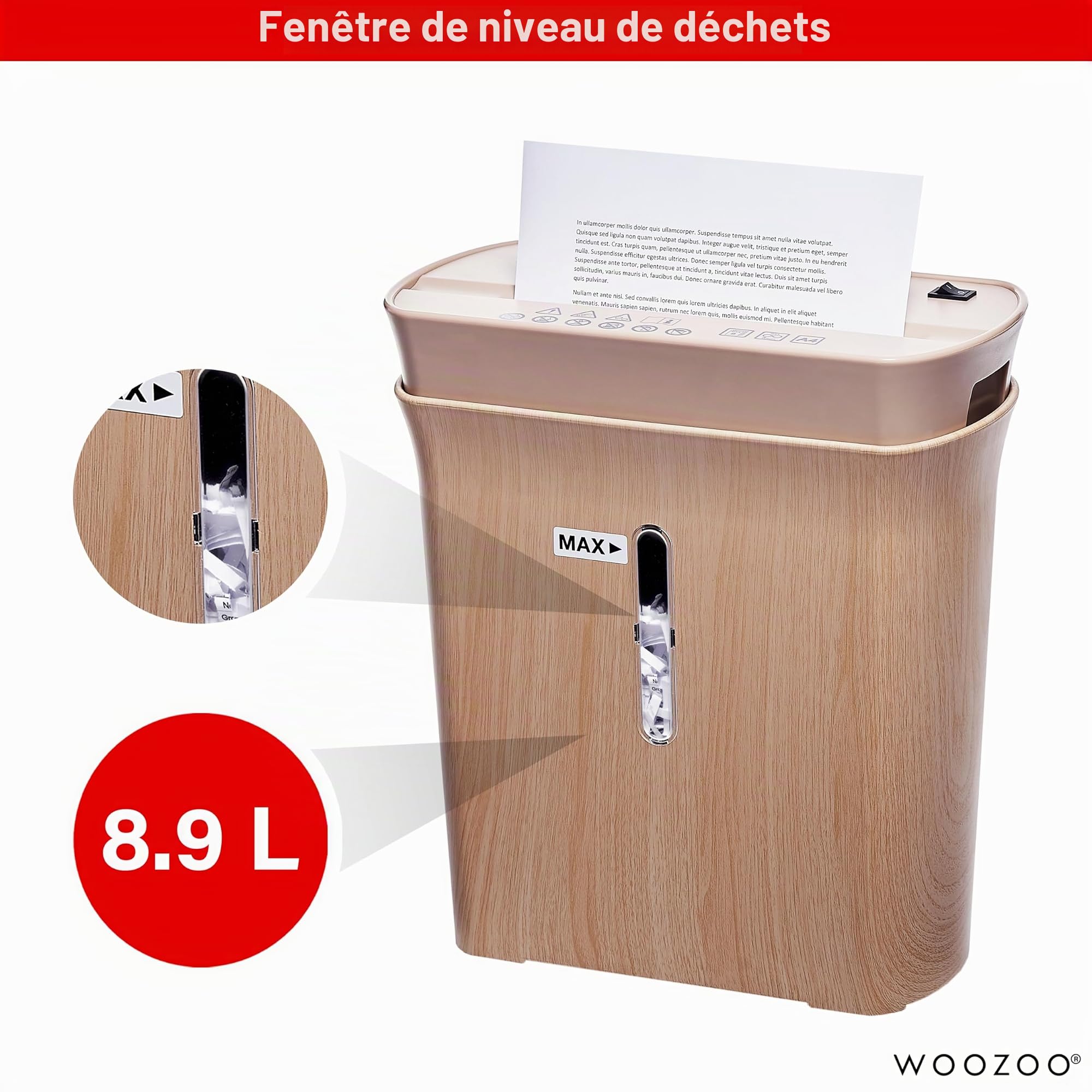 Iris Ohyama, Woozoo Destructeur de Documents/broyeur Papier, 8 Feuilles, Technologie de Coupe croisée, Corbeille 8.9L, Papier A4 - Personal Shredder Cross Cut P8GCD - Couleur Bois