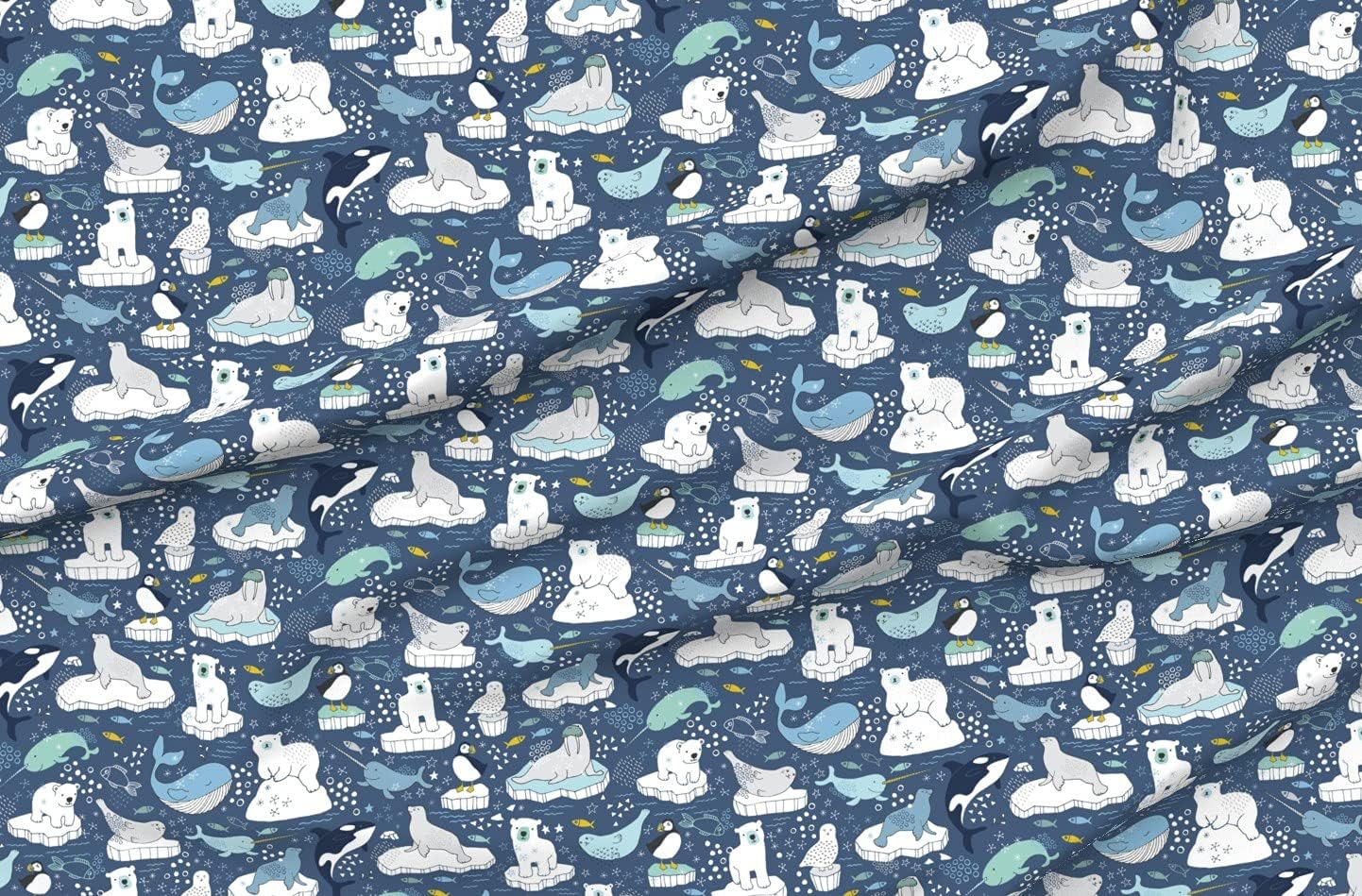 Spoonflower Fabric - Arctic Animal Blue Mustard Cute Animals Narwhal Polar Bears Puffins Printed on Minky Fabric by The Yard - Sewing Baby Blankets Quilt Backing Plush