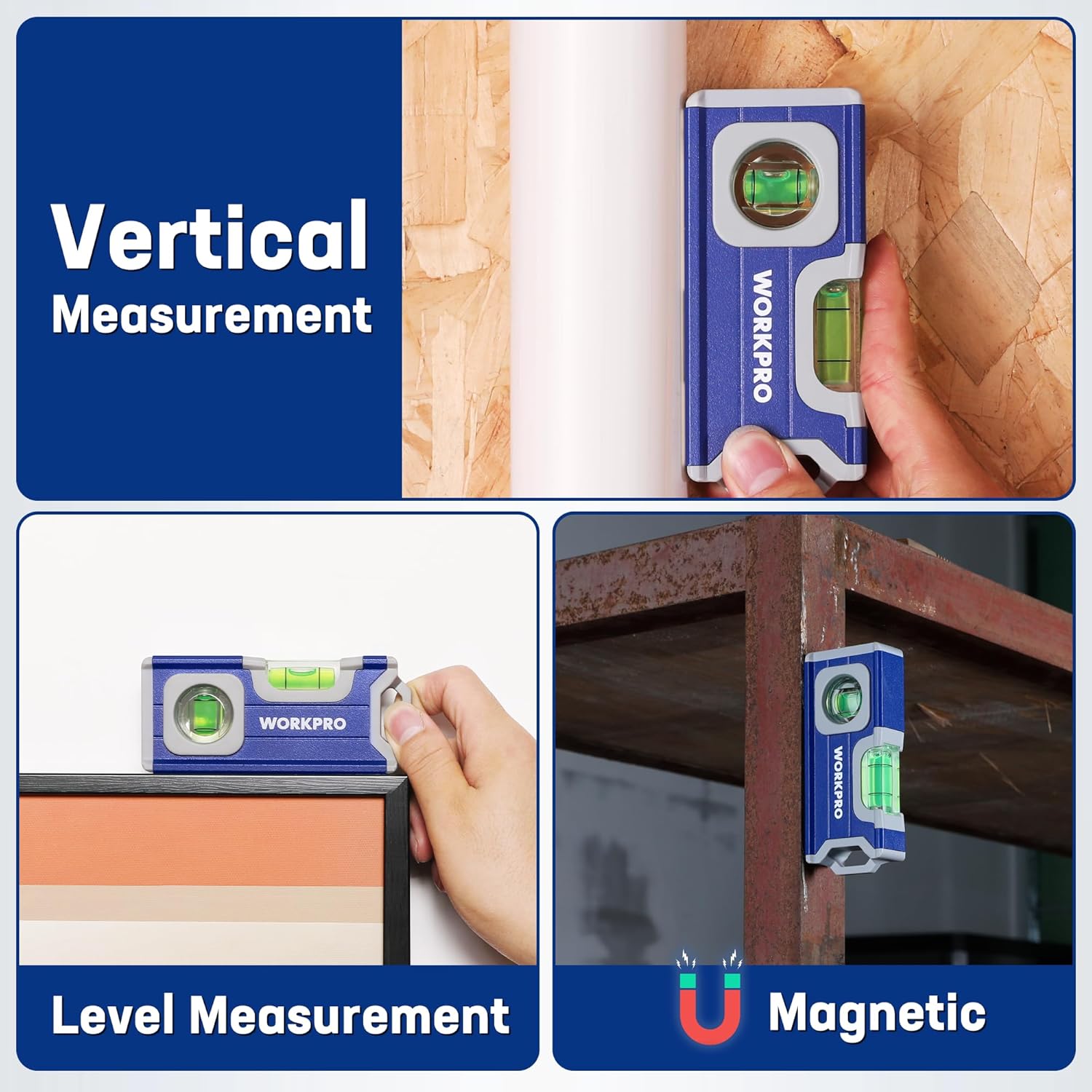 WORKPRO Small Level, 4-1/2 Inch Mini Level Tool, Magnetic Pocket Level with 2 Different Bubbles 90°/180°, Aluminum Alloy Construction, Cobalt Blue