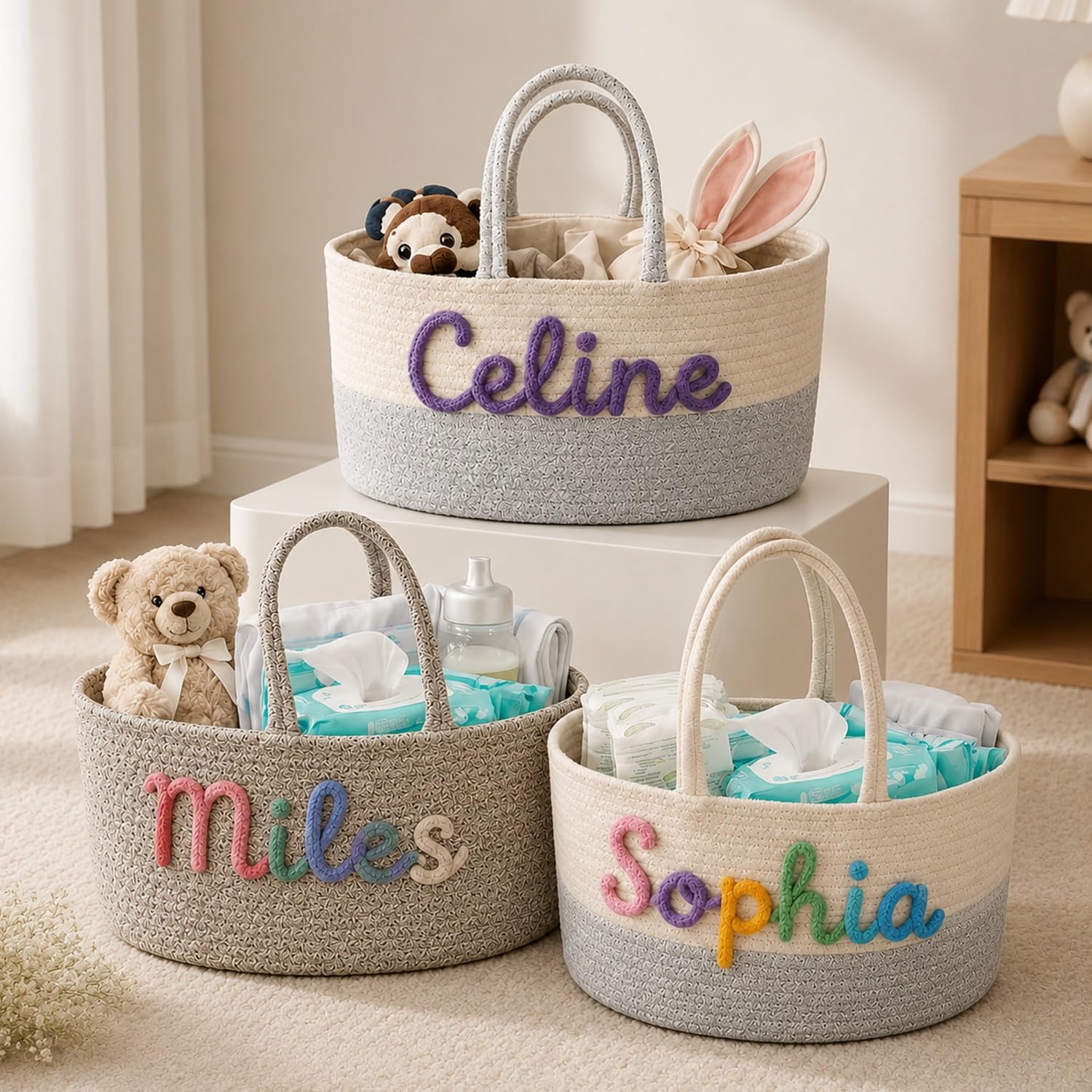 Custom Name Baby Diaper Caddy Organizer, Personalized Nursery Storage Basket For Wipes And Clothes, Oval Cotton Rope Caddy With Removable Divider