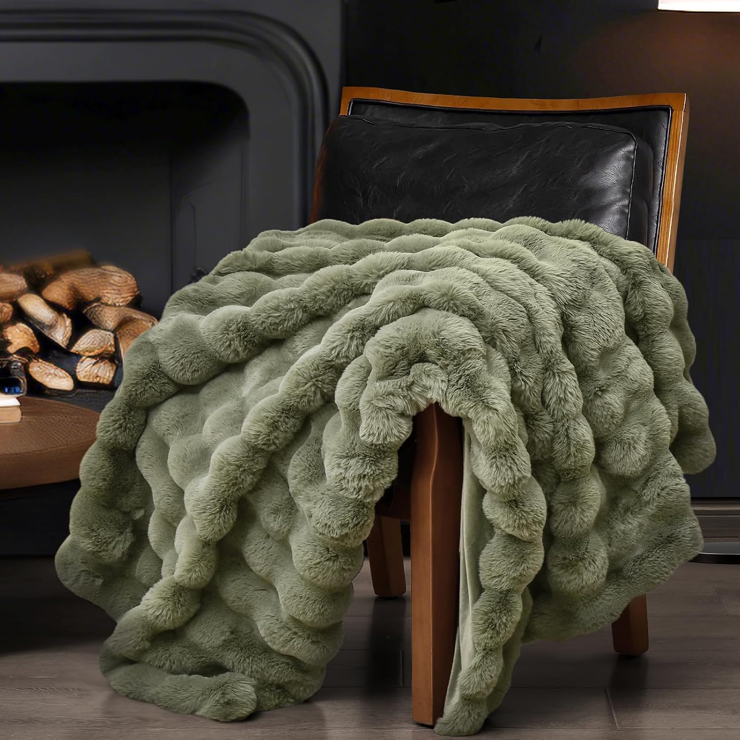PHF Luxury Faux Rabbit Fur Blanket Twin Size, Ultra Soft Fluffy Plush Cozy Warm Bubble Blanket for Bed, Couch, Sofa Decorative, Thick Reversible Suitable for Fall & Winter, 60" x 80", Olive Green - Image 7