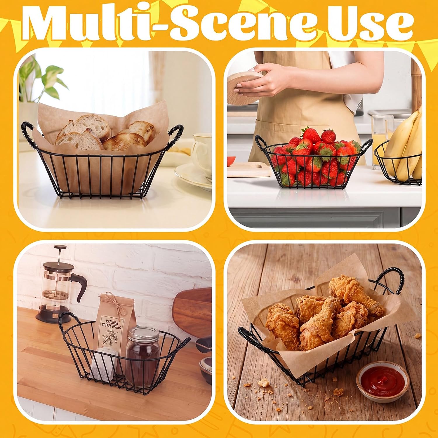 24 Pack Metal Wire Fast Food Baskets with 100 Food Blotting Sheets 7.3 x 4.6 x 3.4 Inch Oval Serving Baskets for Fries, Chicken, Sandwiches, Bread, and Snacks(Black)