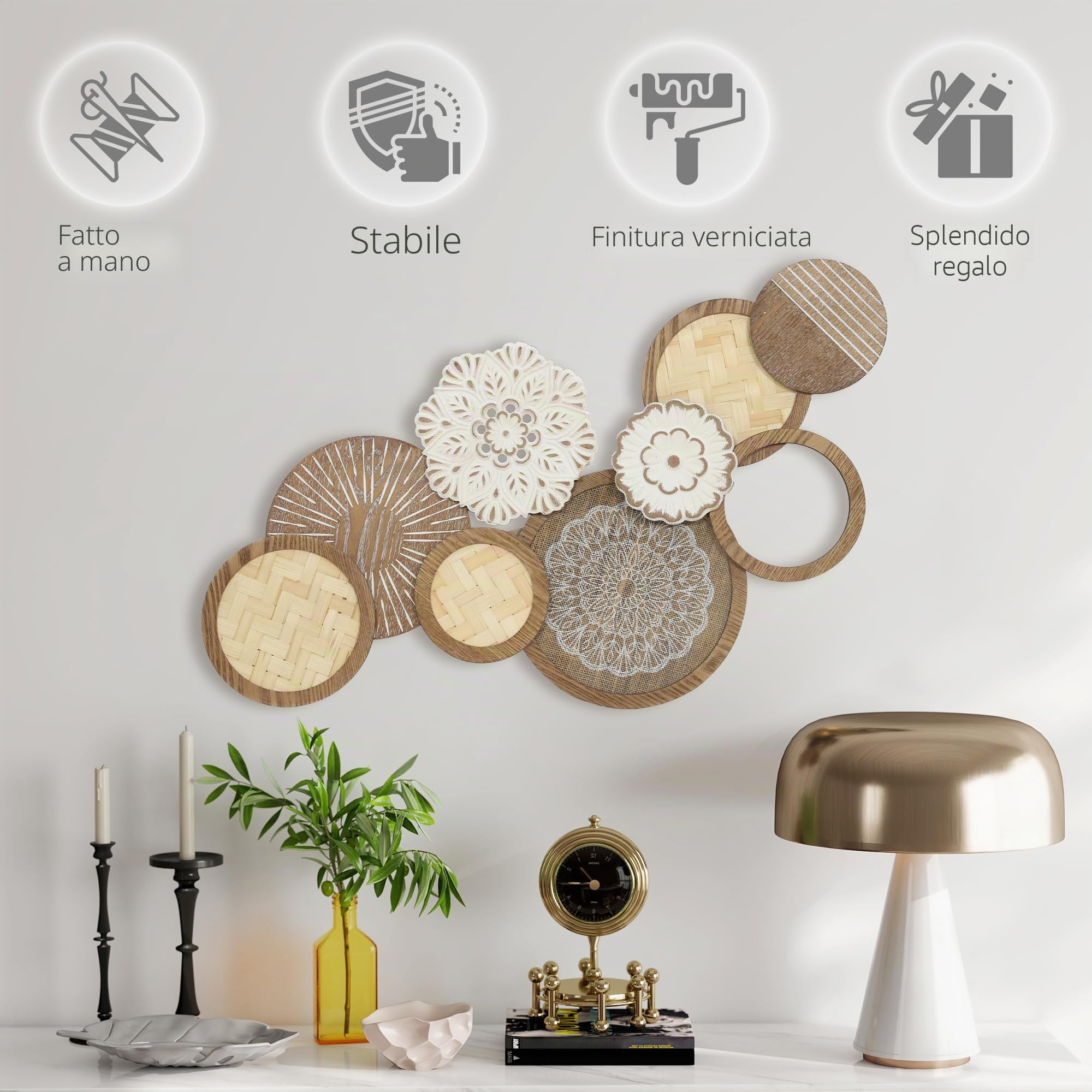 HOMCOM Decorazione murale in legno moderna, scultura murale in legno geometrica, design unico a più dischi, decorazione sospesa per soggiorno, camera da letto, ufficio, 83,8 x 44,5 cm, legno naturale