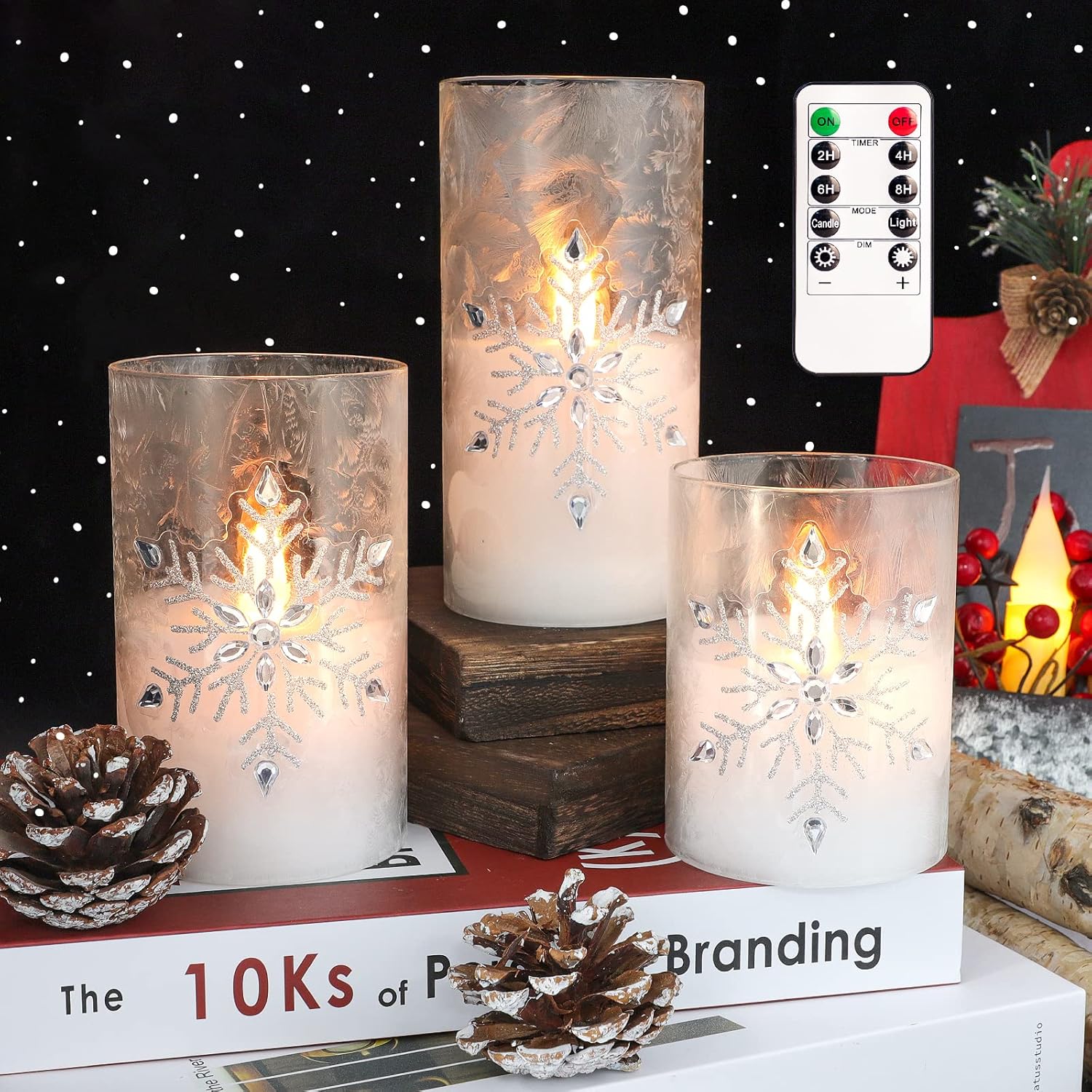 Holiday Flameless Candles, Christmas Remote LED Flickering Candle Glass, Jeweled Snowflake Frost Ice Effect, Battery Operated, Xmas Gift Decorations New Year Party Wedding Decor [x3]