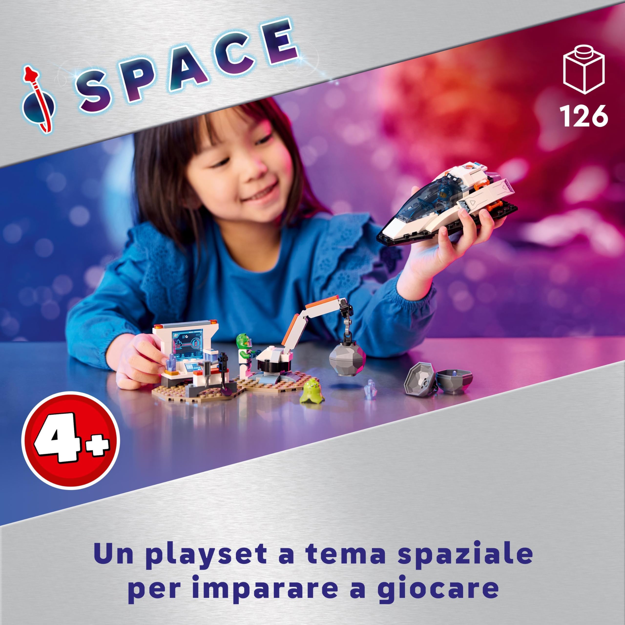 LEGO City Navetta Spaziale e Scoperta di Asteroidi, Gioco per Bambini e Bambine da 4 Anni con Astronave Giocattolo, Laboratorio da Costruire, Gru, 2 Minifigure di Astronauti e 1 Figura di Alieno 60429