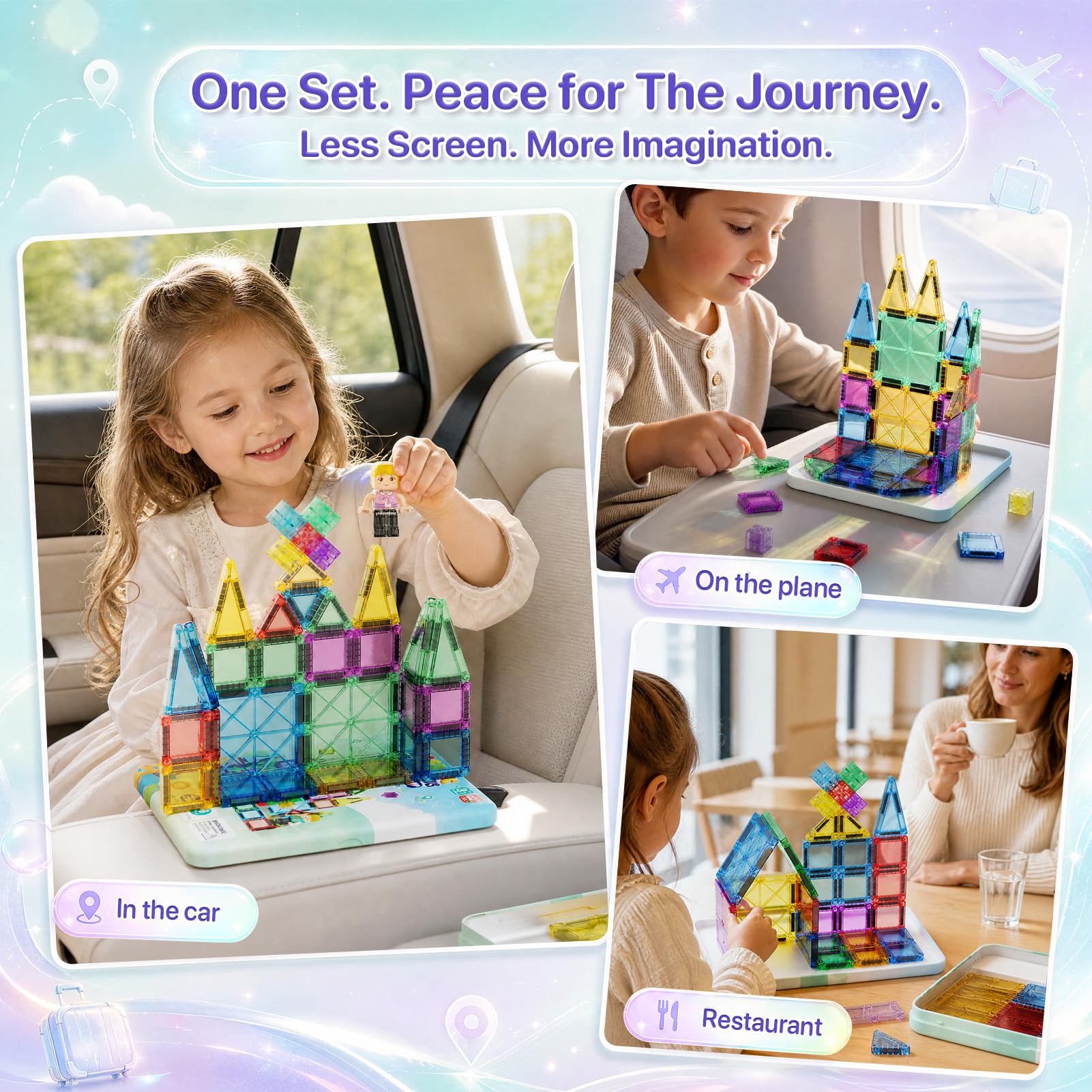 Set da viaggio con 60 mattoncini magnetici per bambini dai 3