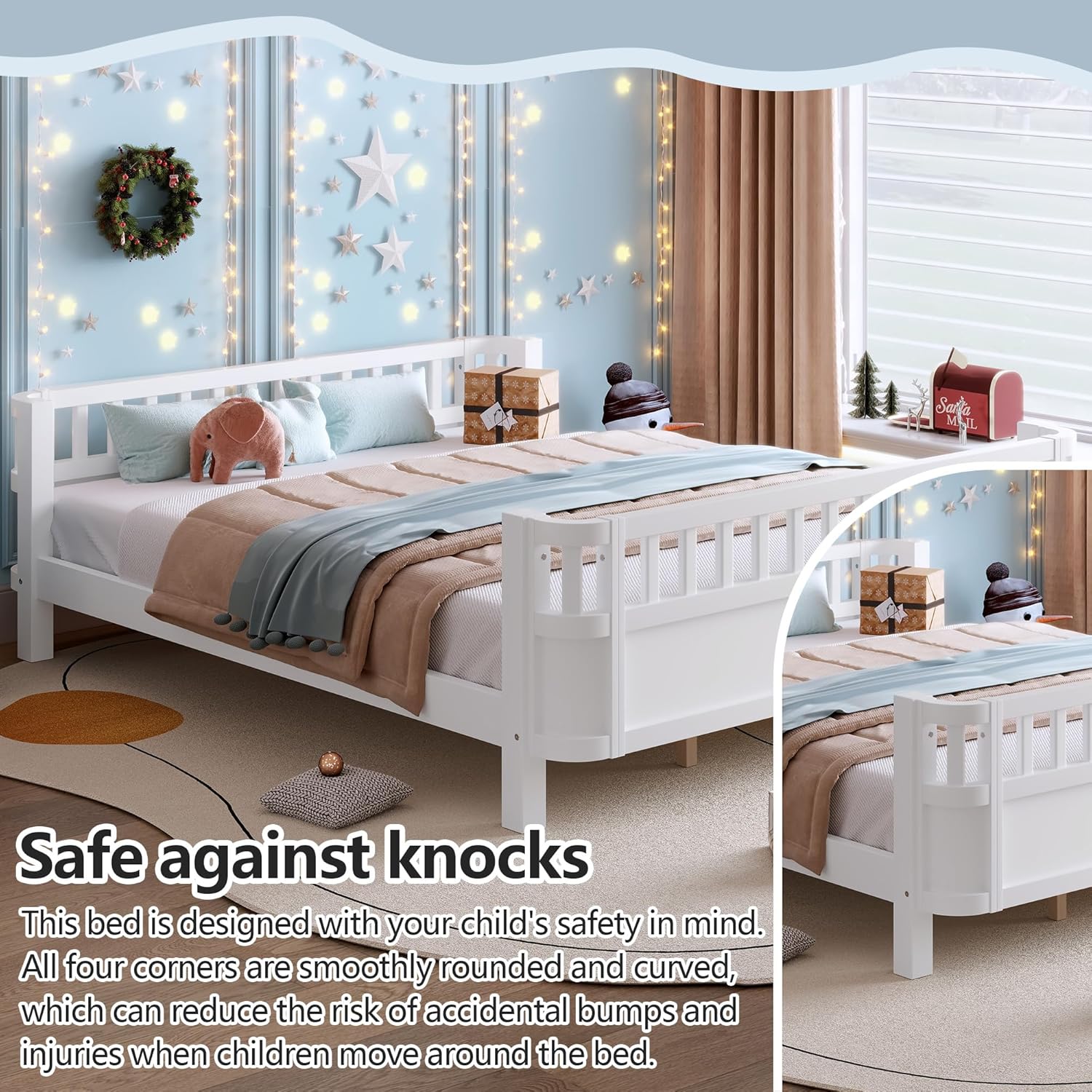 Harper & Bright Designs Floor Montessori Bed Queen Size with Rails, Low Corner Bed Frame with Safety Guardrails, Rounded Corners for Kids, White