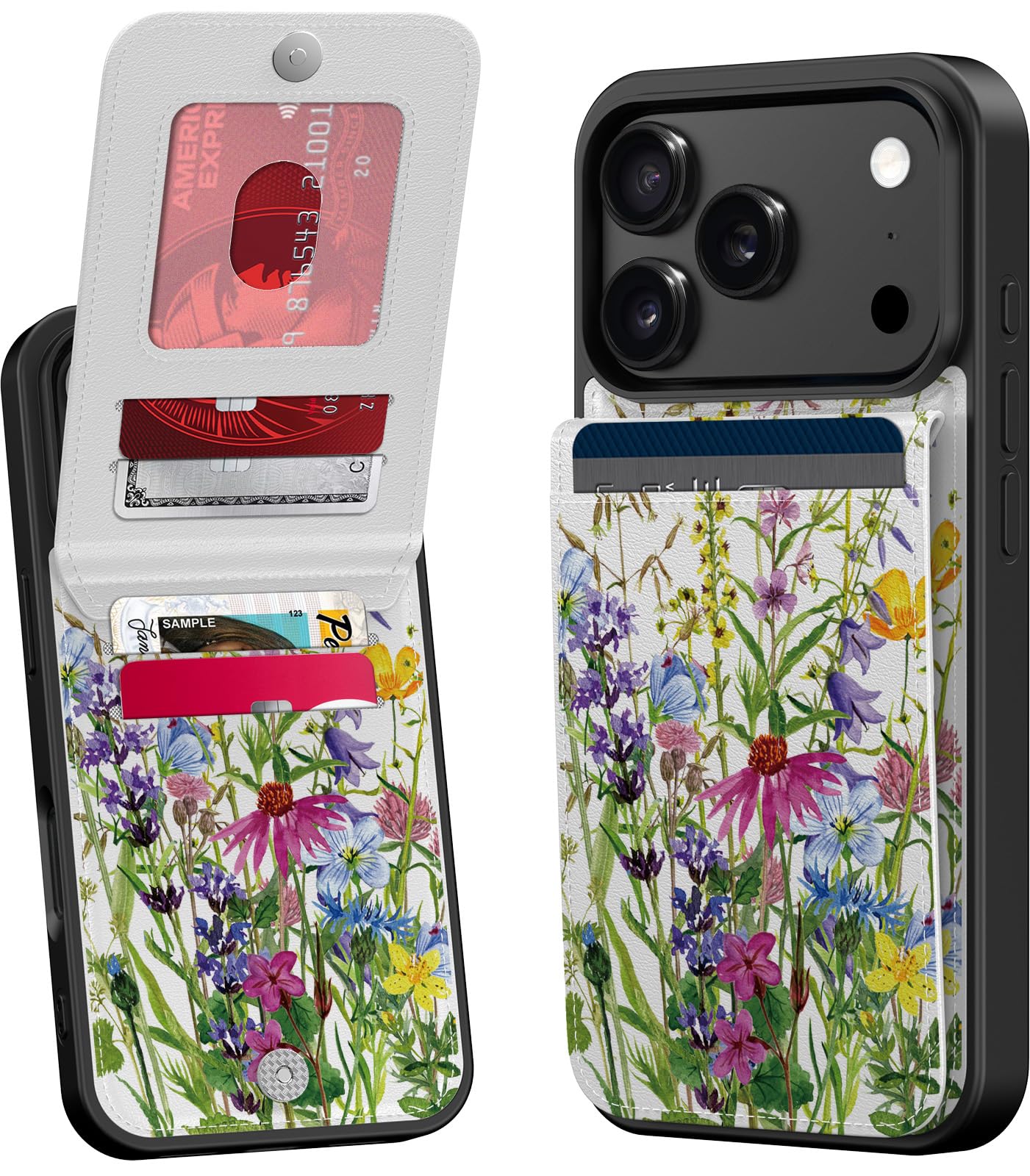 Photo 1 of Bemal for iPhone 17 Pro Wallet Case, Built-in Card Holder, Fashion Printed, RFID Blocking, PU Leather Kickstand, Magnetic Closure, Shockproof Phone Cover for Women and Men, Blooming Floral