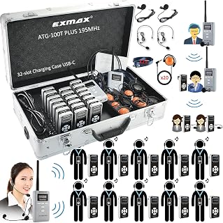 EXMAX ATG-100T PLUS 195MHz Church Translation System Tour Guide Solutions for Social Distancing at Work for Meeting Tour Group Wedding Exhibition(2 Transmitters & 20 Receivers 32slot Charge Case USBC)
