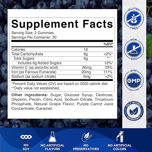 Miniatura 2 de Paquete de 2 gomitas vitamáticas de hierro para mujeres y hombres, porción de 20 mg, 60 gomitas veganas, vitaminas gomosas de hierro de gran sabor