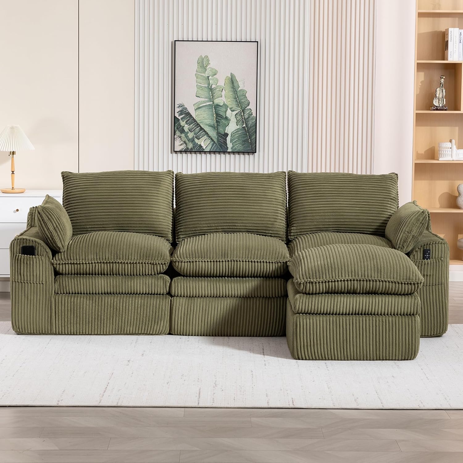 KEIKI 104" Oversized L-Shaped Modular Sectional Couches for Living Room, Modern Corduroy Boneless Sofa Couch with Ottoman, Compressed Modular Sectional No Assembly, Deep Seat Convertible, Emerald