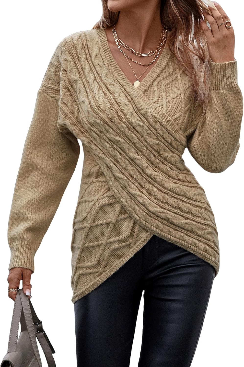 WDIRARA Women's Wrap V Neck Criss Cross Long Sleeve Asymmetrical Sweater Cable Knit Tops
