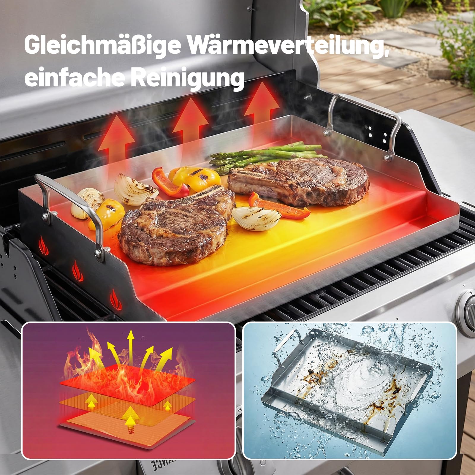 Griglia universale in acciaio inox per barbecue a gas Weber e carbone, piastre per barbecue a gas per hamburger, barbecue a gas e altro ancora, rettangolare, 46 x 32 cm, con manico rimovibile