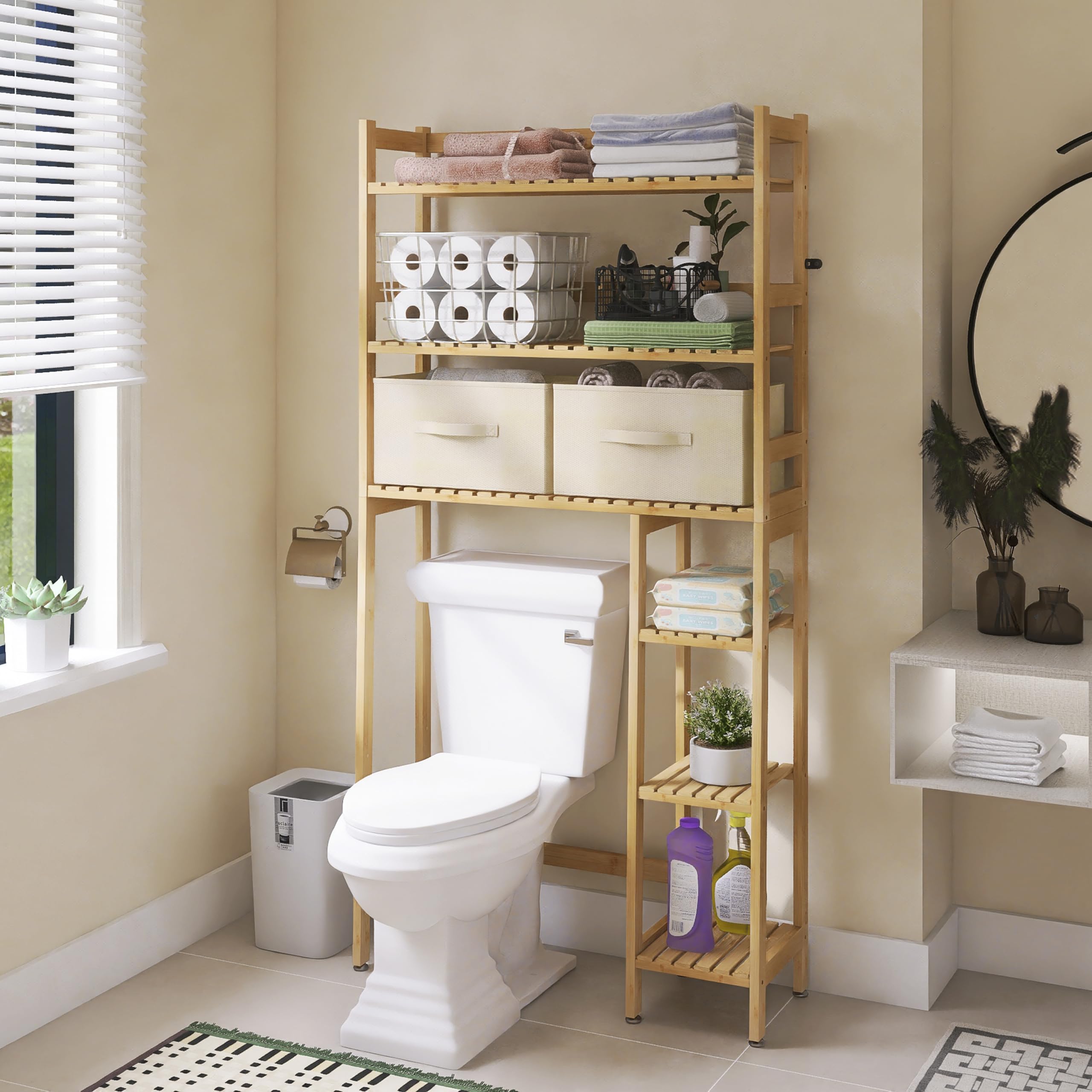 SMIBUY Over The Toilet Storage, 6-stöckiges Badezimmerregal aus Bambus mit Schubladen, freistehend über dem WC-Organizer-Rack, Massenlagerung, Platzsparer für kleine Räume (natürlich)