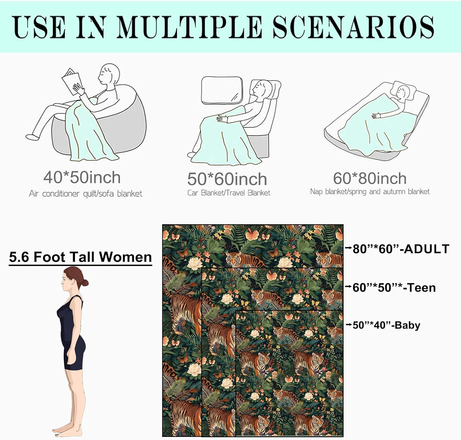 Jungle Tiger Fleece Blanket - 50x60in Exotic Flower Majestic Lush Throw Blankets,Soft Cozy Lightweight, Ideal for Living Room Home Rustic Decor and Kids Women Girls Spring Gifts - Image 3