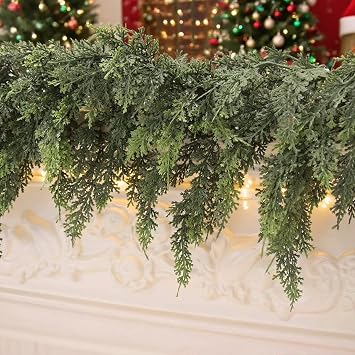 6 FT Real Touch Cedar Garland, Green Artificial Christmas Garland, Thickned Realistic Greenery Pine Garland for Holiday Fireplace Mantle Window Indoor Outdoor Decor (6FT)