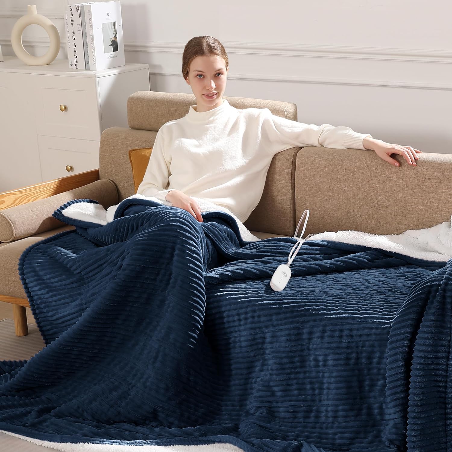 Heated Blanket Twin Size Electric Blankets - 62x84'' Electric Heated Blankets with 5 Heat Setting & 10hrs Auto Off, Small Lap Heat Blanket for Couch, FCC & ETL Certified, Warm Winter Gifts (Navy Blue)