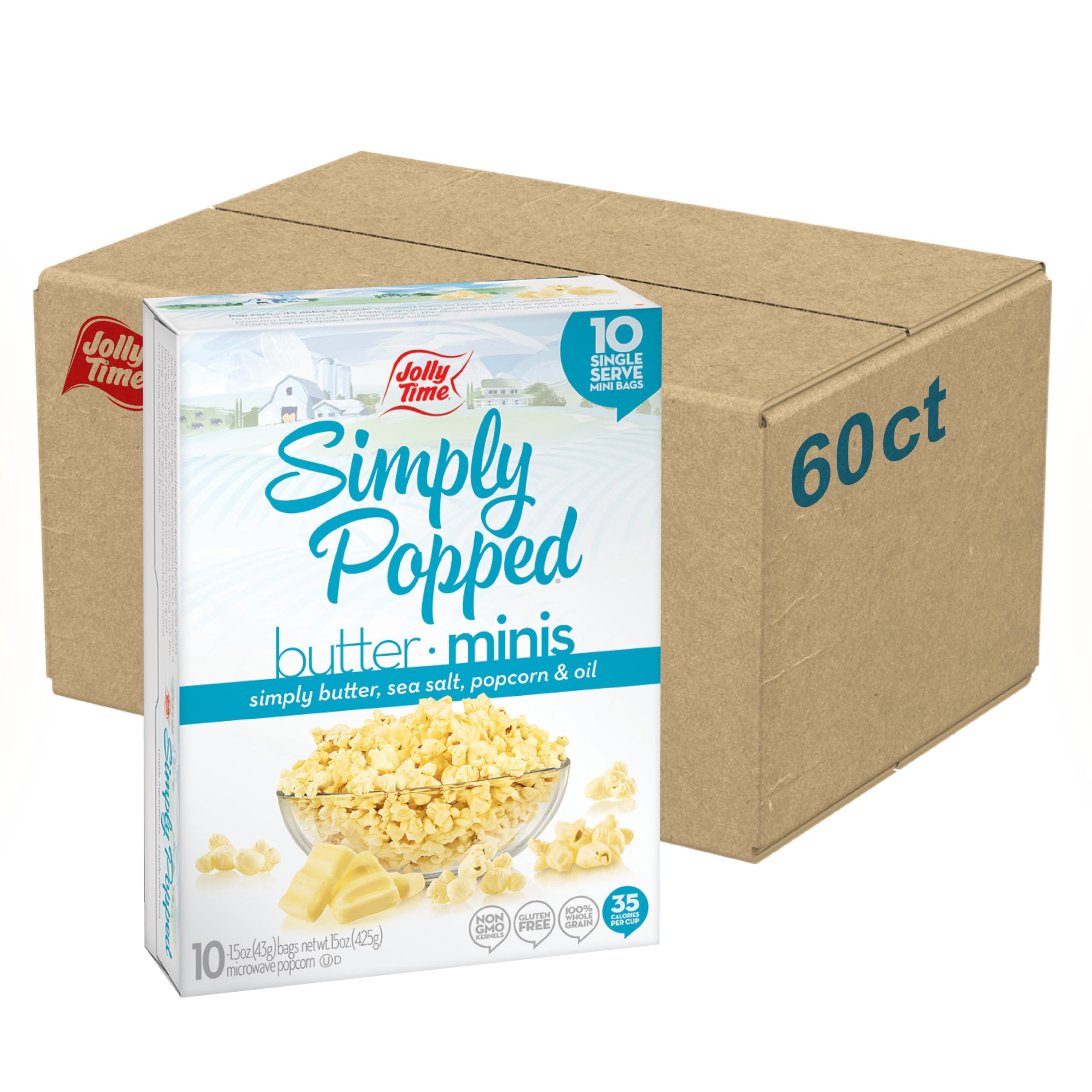Jolly TimeSimply Popped Butter Minis, Lightly Salted Microwave Popcorn, 1.5oz Personal Bag, 10 Bags Per Carton (1.5 Ounce (Pack of 60))