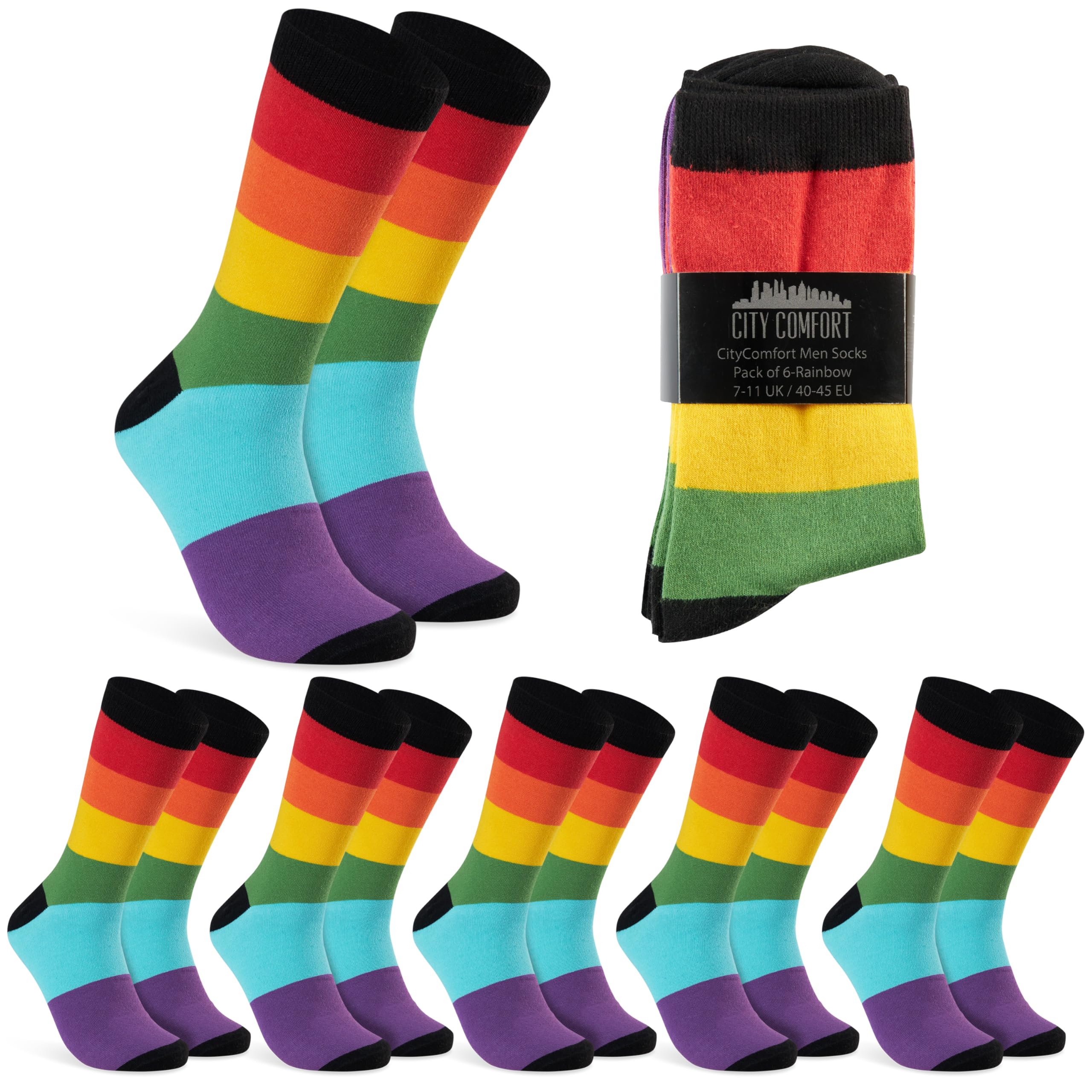 CityComfort Mens Calf Socks, Breathable Crew Socks Multipack - Mens Gifts (Multi Rainbow-6 Pack, 7/11 UK)