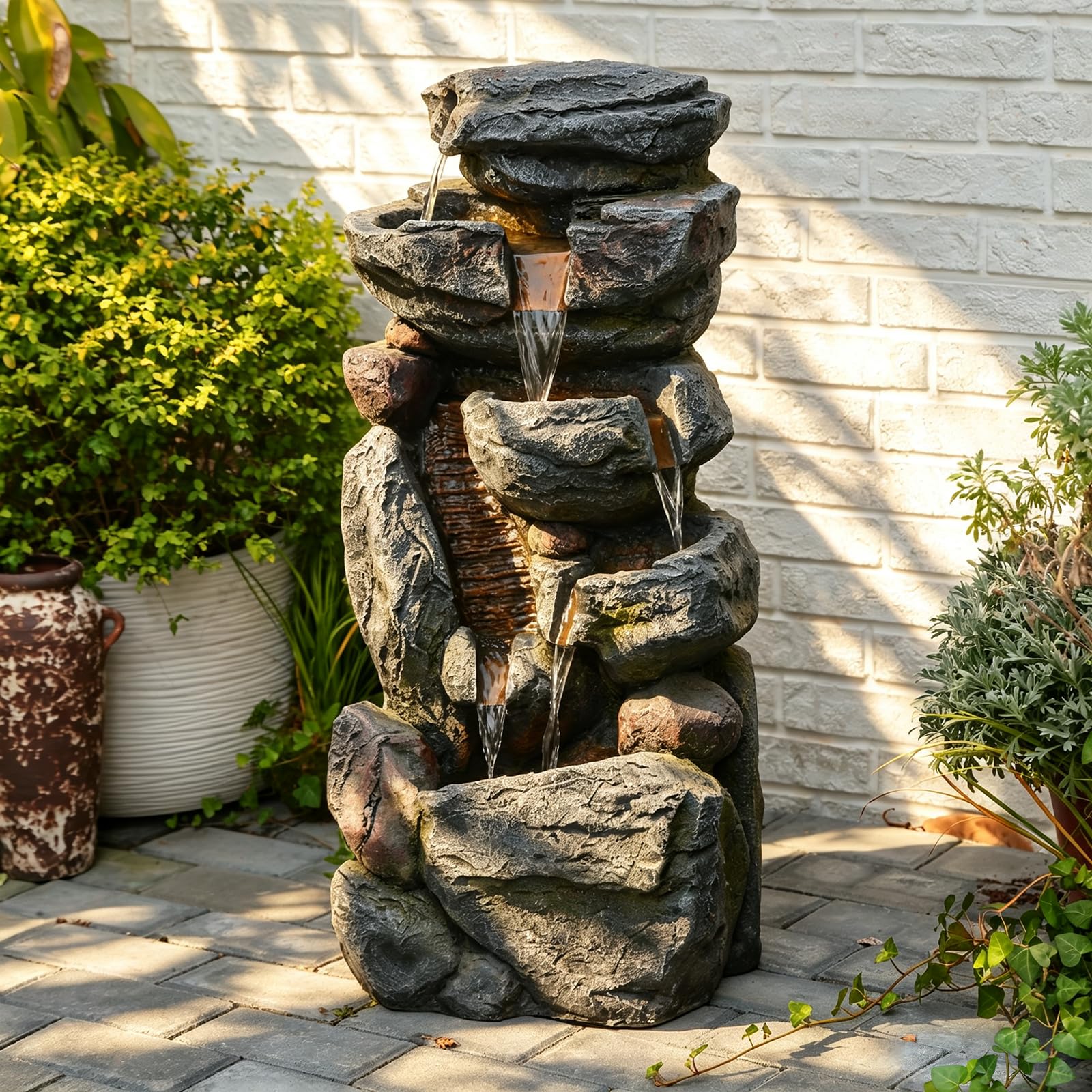 Sunlinua 80CM Rock Cascading Water Fountain with LED, Garden Water Feature