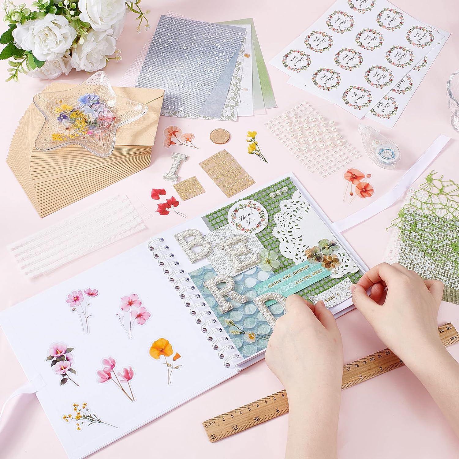 GLASSWINDS Letters to The Bride Scrapbook Kit 12X12 in Wedding Memory Book DIY Blank Paper Wedding Photo Album Scrapbook Supplies with Pearl Stickers,Envelopes,Paper,Letters,Wildflower (White)