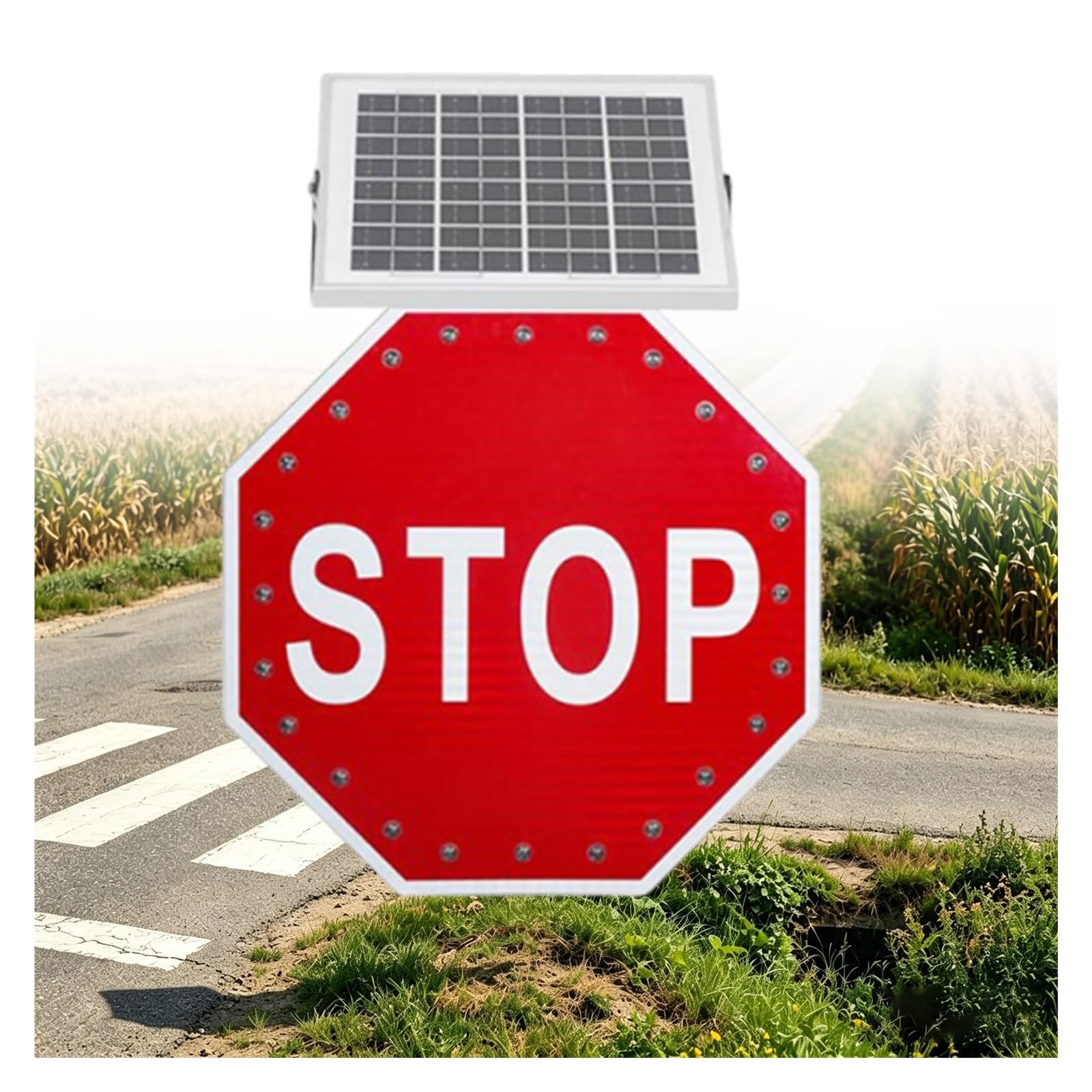 Señal de Stop Intermitente con Energía, Señal de Stop Solar Intermitente, Estructura Octogonal de Aluminio, Grado de Protección IP65, Señalización Reflectante Roja(24in)