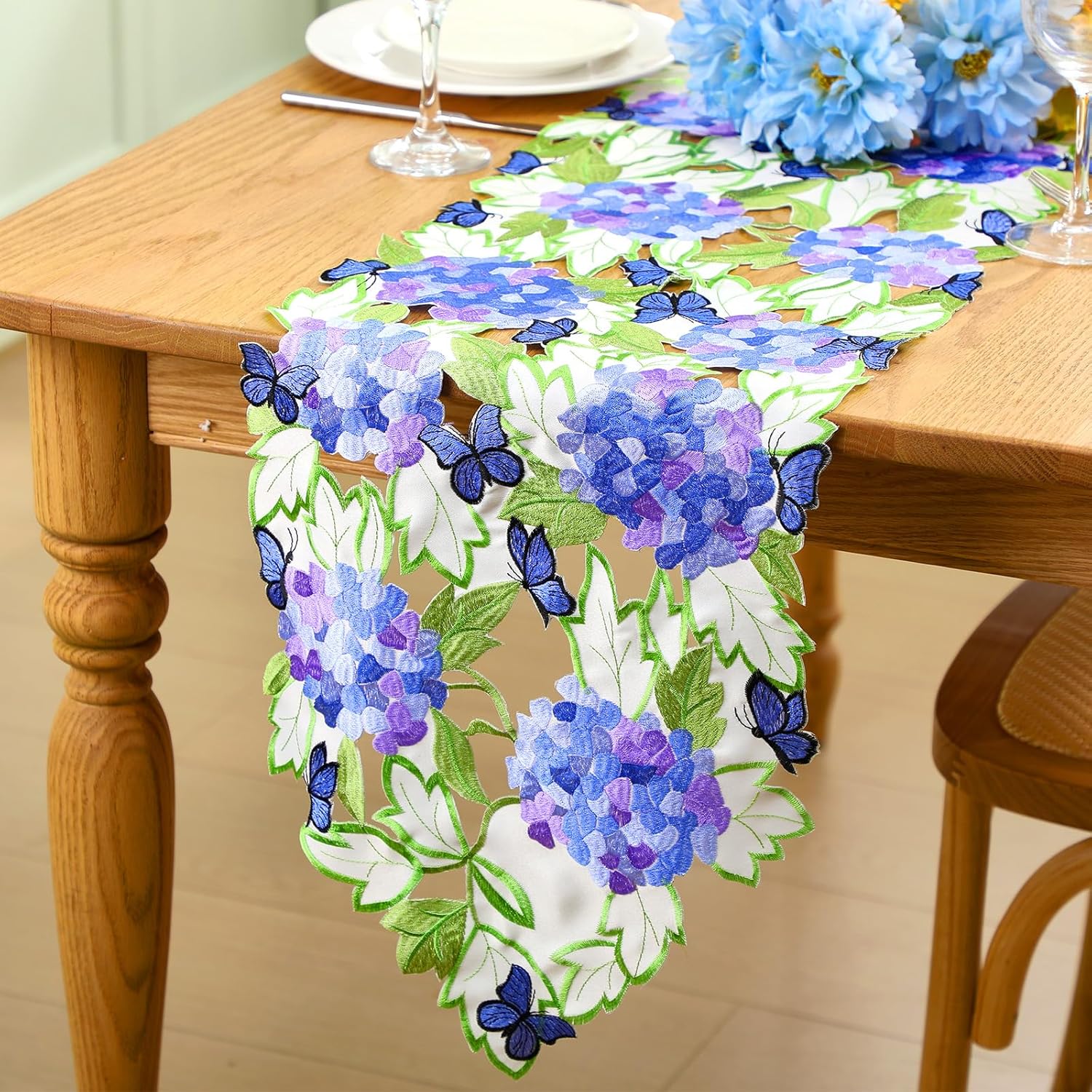 2 Pack Spring Embroidered Hydrangeas Table Runners Embroidered Purple Flowery Table Linen Seasonal Butterfly Kitchen Dining Decoration for Wedding Baby Bridal Shower Birthday Party, 2 Size