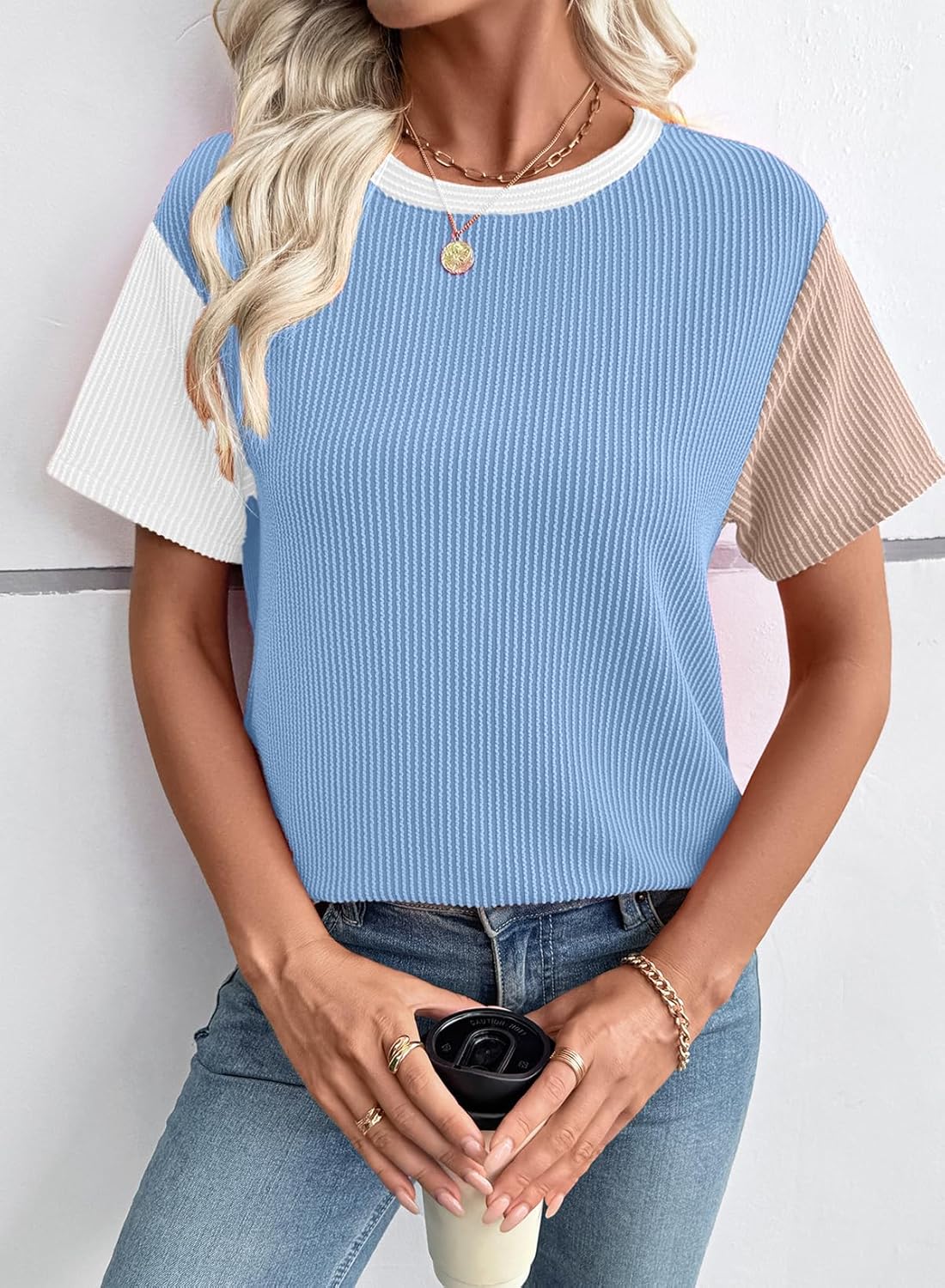 EVALESS Women's Short Sleeve T Shirts Ribbed Knit Crewneck Multicolour Block Tee Blouses Spring Tops 2026 Trendy - Image 2