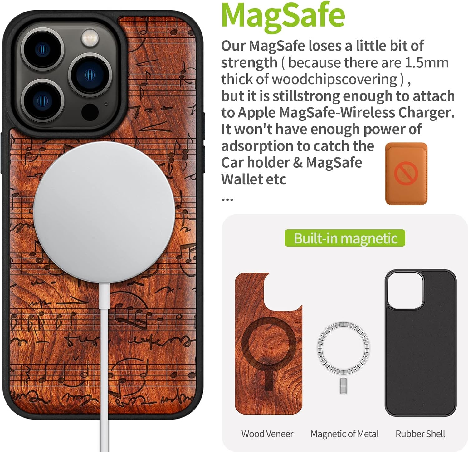 Carveit Magnetic Wood Case for iPhone 14 Pro Case [Natural Wood & Black Soft TPU] Unique & Classy Wooden Shockproof Protective Cover Compatible with magsafe (Sheet Music -Rosy)