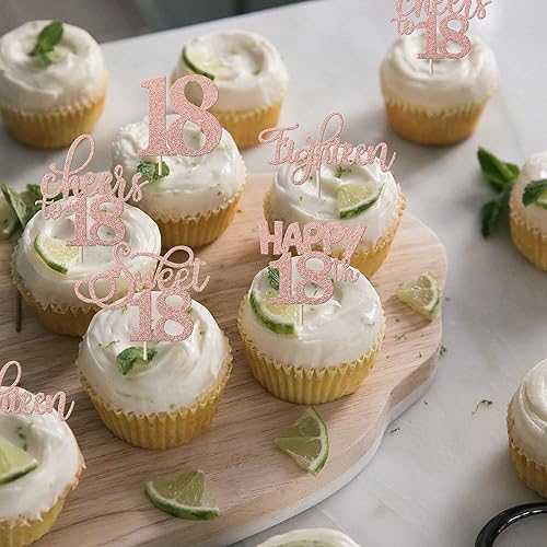 Miniatura 5 de Rsstarxi Paquete de 30 adornos para cupcakes de cumpleaños número 18 con purpurina de oro rosa, 18 palillos para cupcakes, decoraciones de pasteles