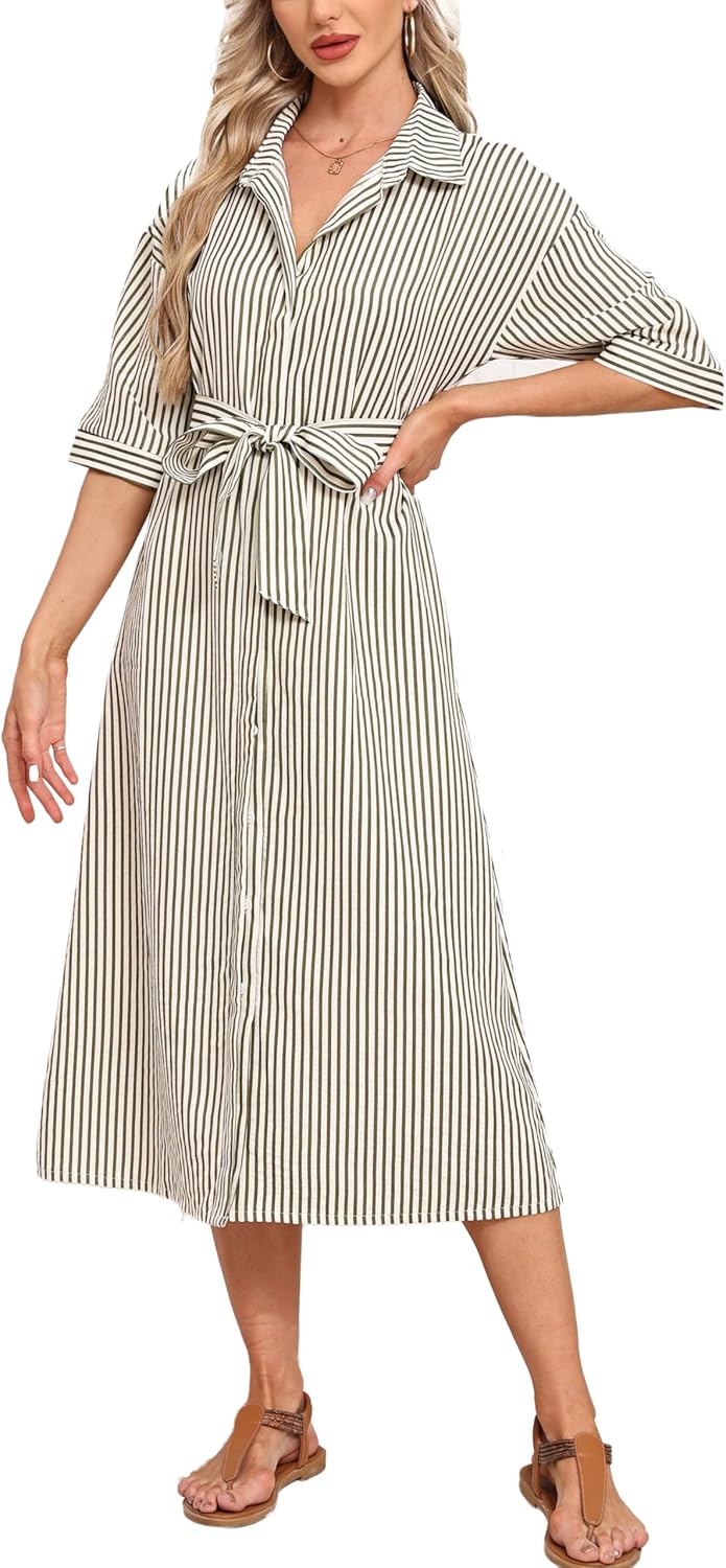 Women's Half Sleeve Plaid Maxi Dress 2026 Spring Summer Gingham Casual Button Down Long Loose Belted Dress